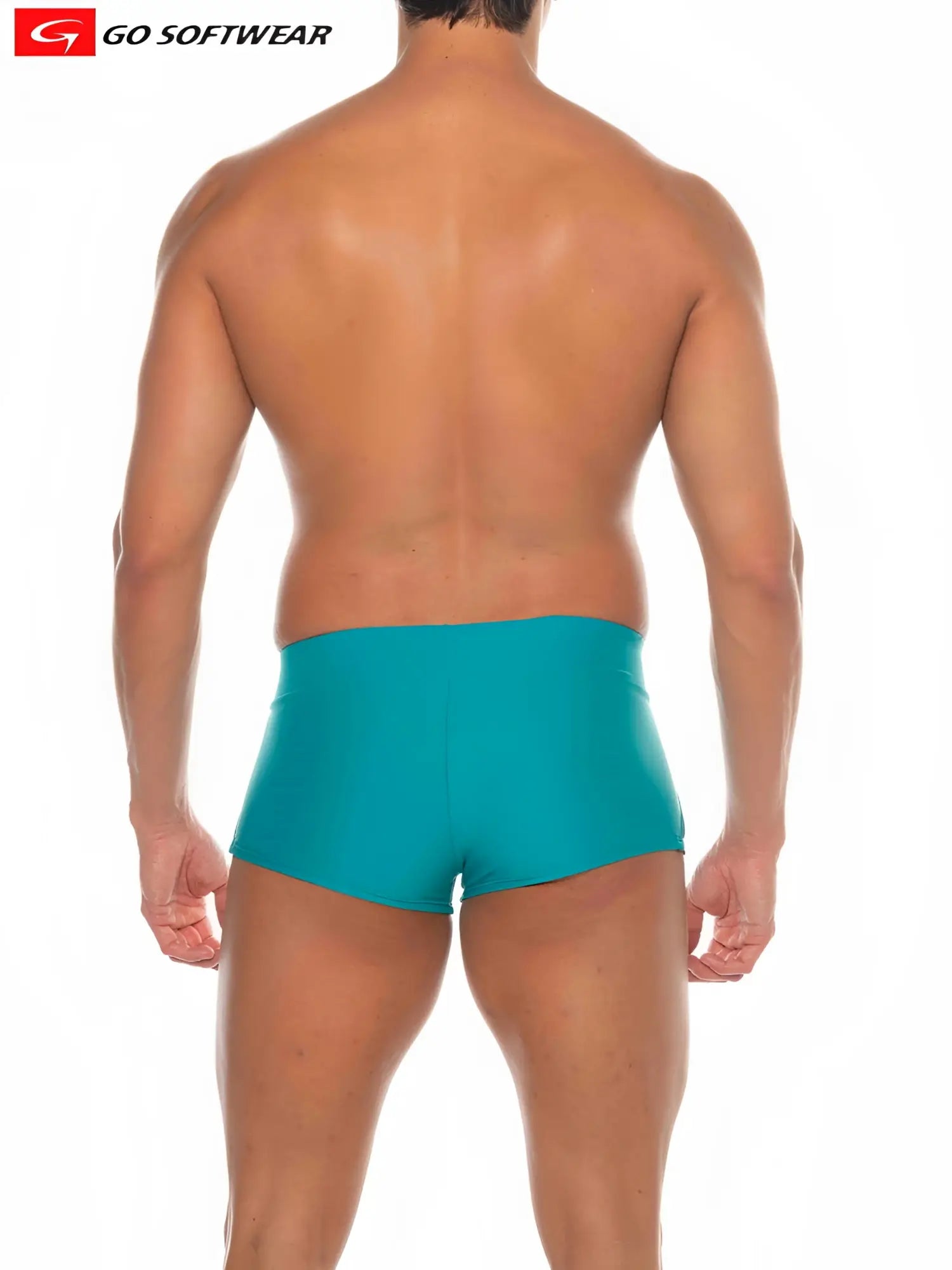 Teal blue Zanzibar square-cut swim trunks made from lightweight quick-dry fabric for beach and pool use