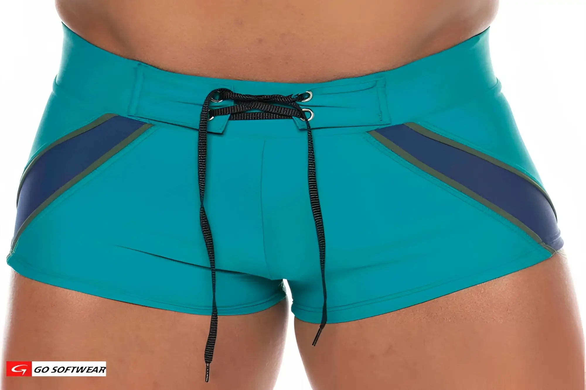 Teal and navy blue Zanzibar square-cut swim trunks with black drawstring designed for comfortable swimming
