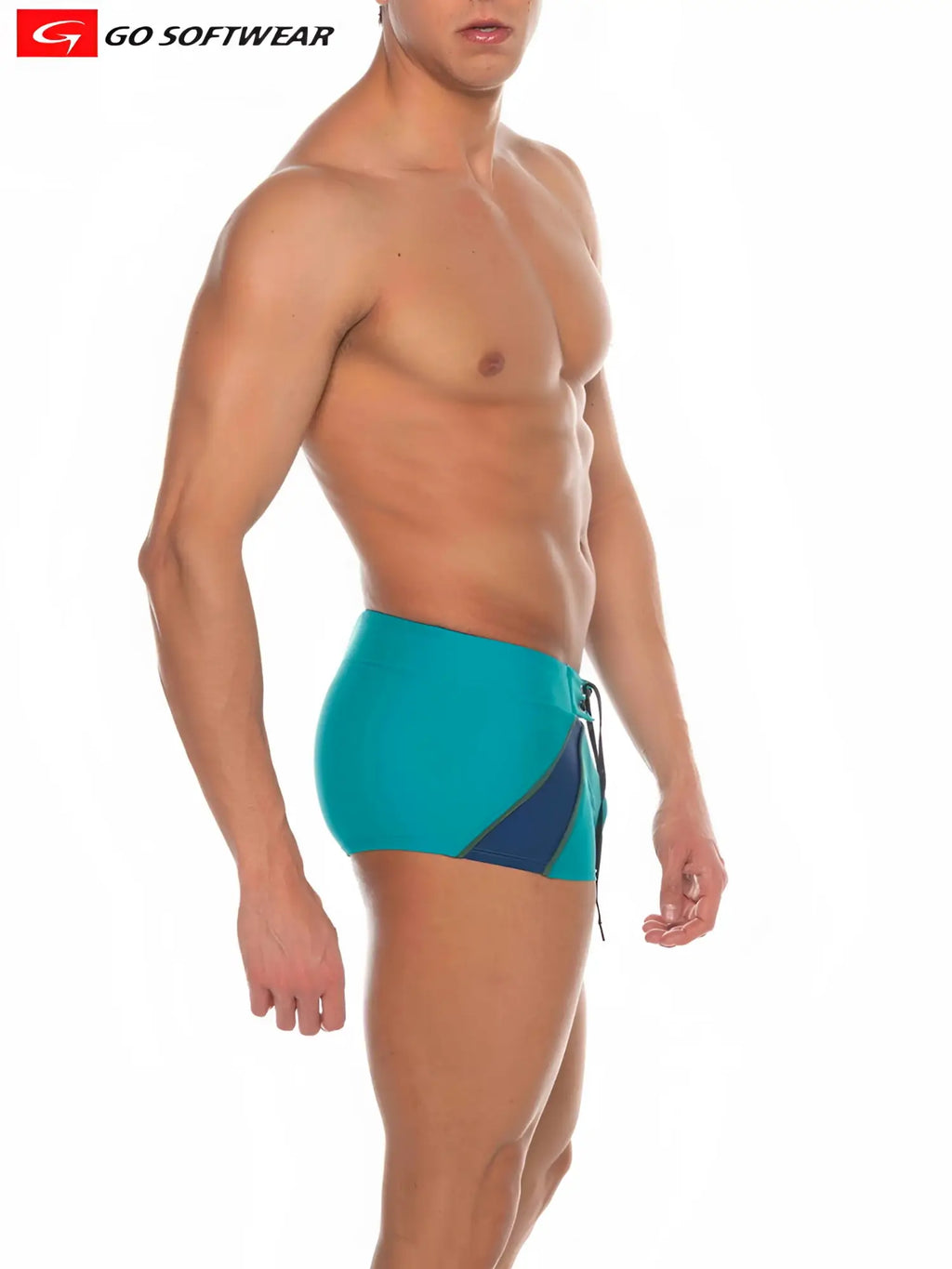 Teal and navy blue Zanzibar square-cut swim trunks with side panel design for stylish beachwear