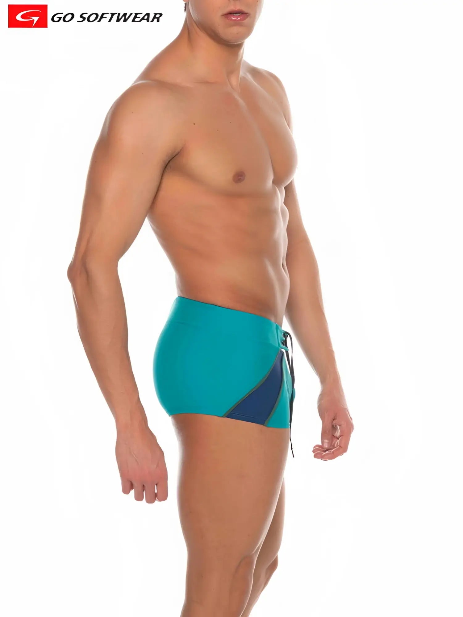 Teal and navy blue Zanzibar square-cut swim trunks with side panel design for stylish beachwear