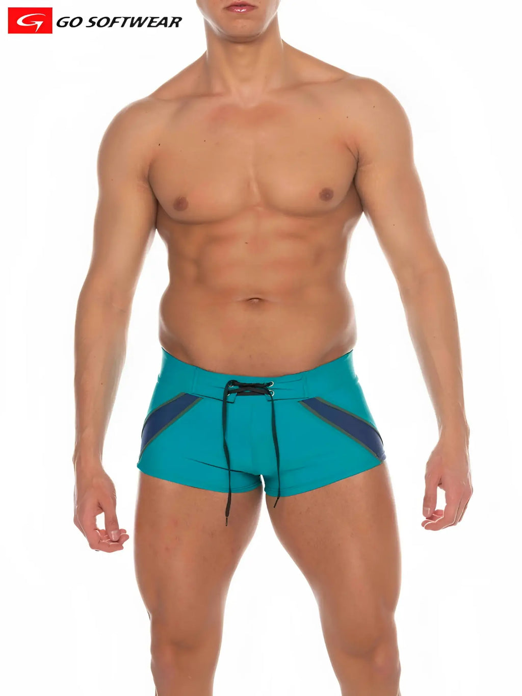 Zanzibar square-cut swim trunks in turquoise and navy blue with black drawstring for beachwear