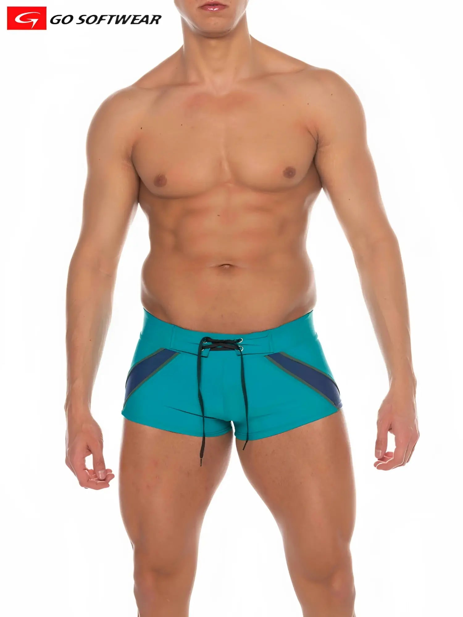 Zanzibar square-cut swim trunks in turquoise and navy blue with black drawstring for beachwear