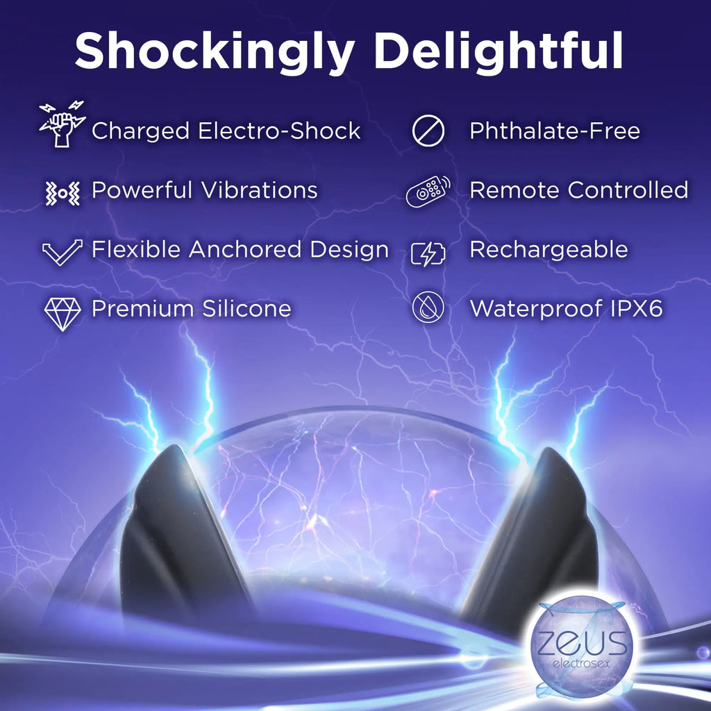Zeus Electrosex 64X black silicone butt plug against a purple lightning background with feature icons.