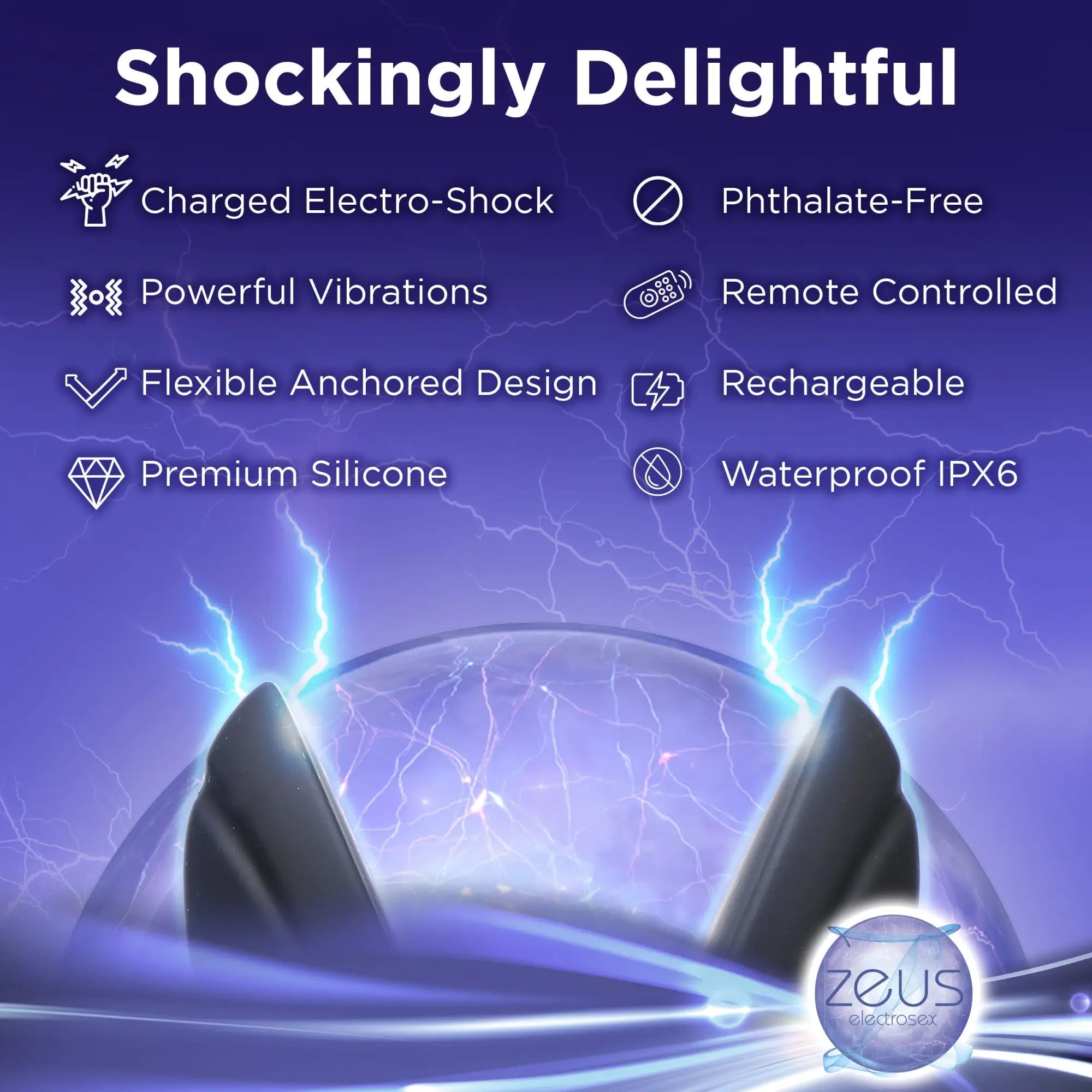 Zeus Electrosex 64X black silicone butt plug against a purple lightning background with feature icons.
