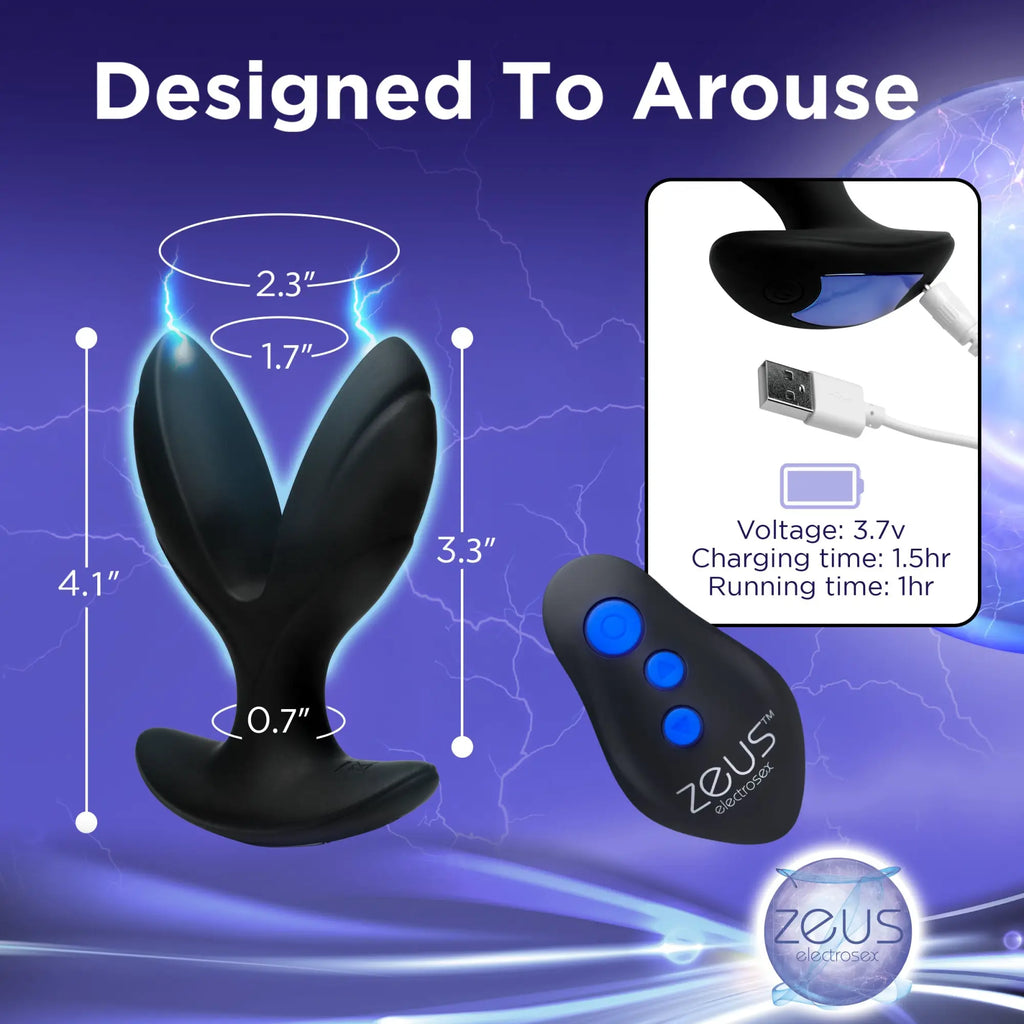 Zeus Electrosex 64X black silicone vibrating butt plug with remote, USB charger, and detailed dimensions on purple bg.