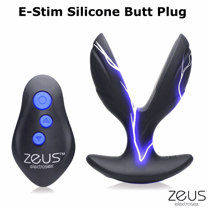 Zeus 64X Electro-Spread silicone butt plug with e-stim lighting effects and a matching black remote control.