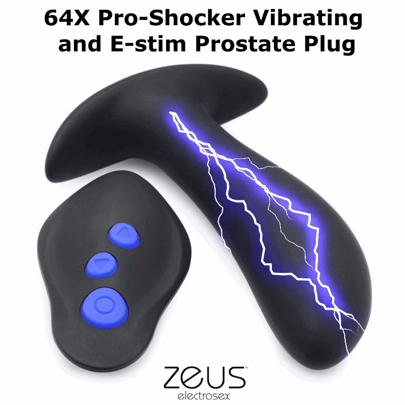 Zeus 64X Pro-Shocker: Black, curved silicone prostate plug with blue E-stim lightning effect and matching remote.
