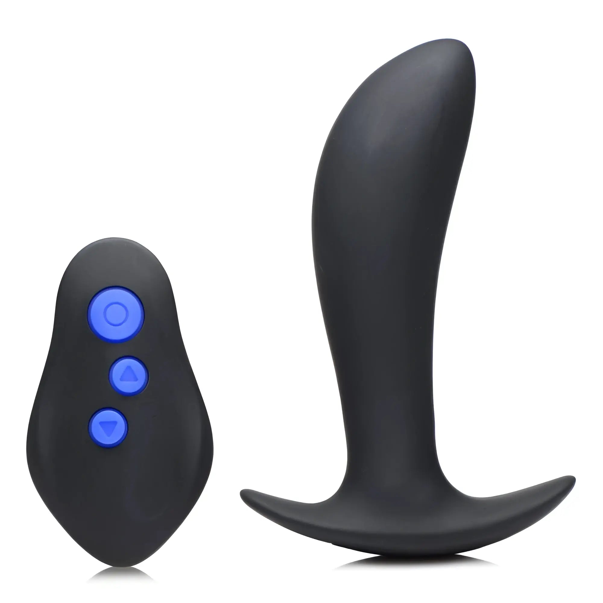 Zeus 64X Pro-Shocker: Black, curved prostate plug with a base and a matching handheld remote with three blue buttons.
