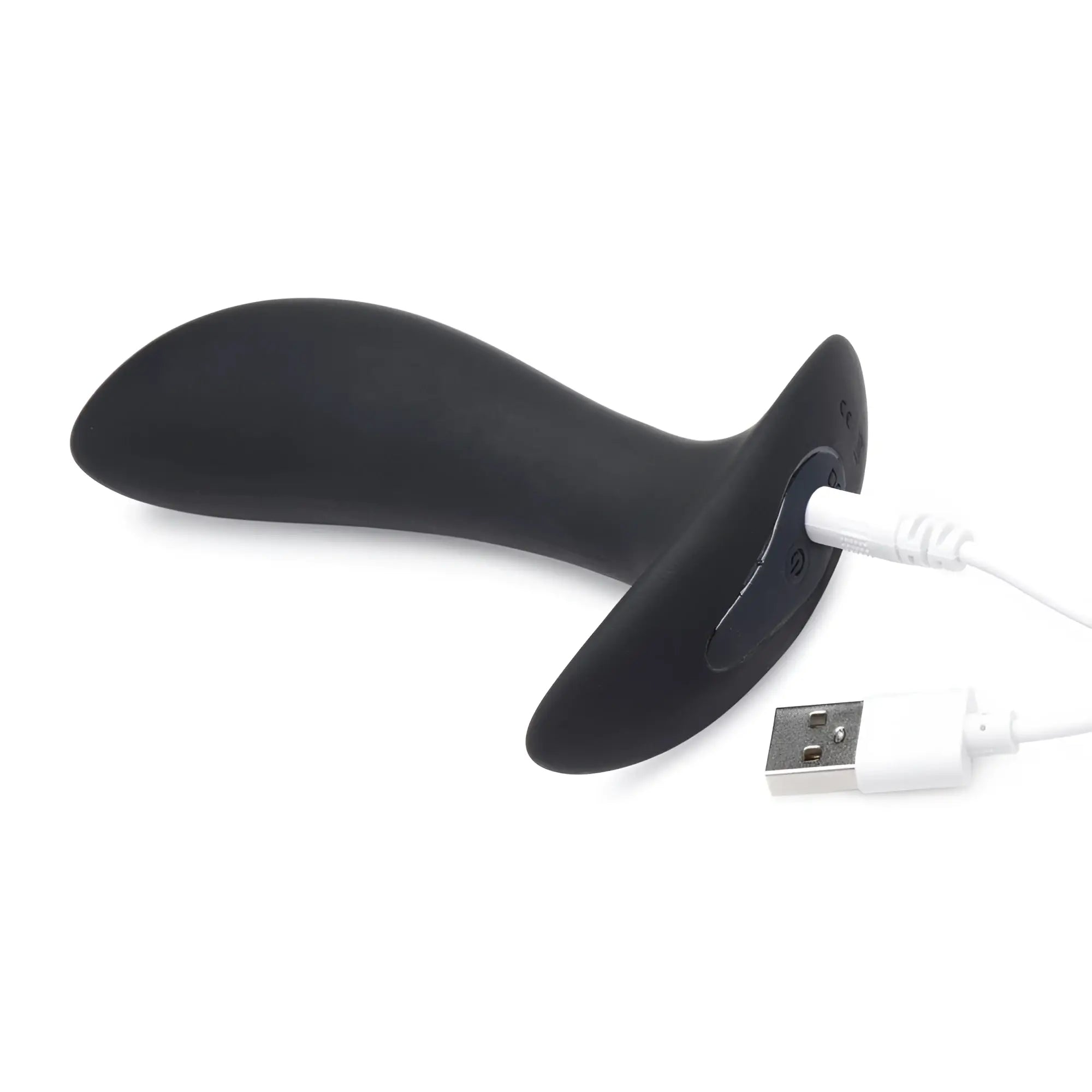 Zeus 64X Pro-Shocker: Black, curved silicone prostate plug with a wide base, connected to a white USB charging cable.
