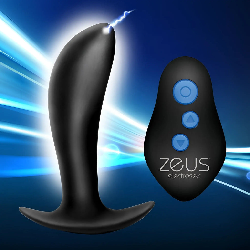 Zeus Electrosex 64X Pro-Shocker black silicone prostate plug and remote control against a blue glowing background.