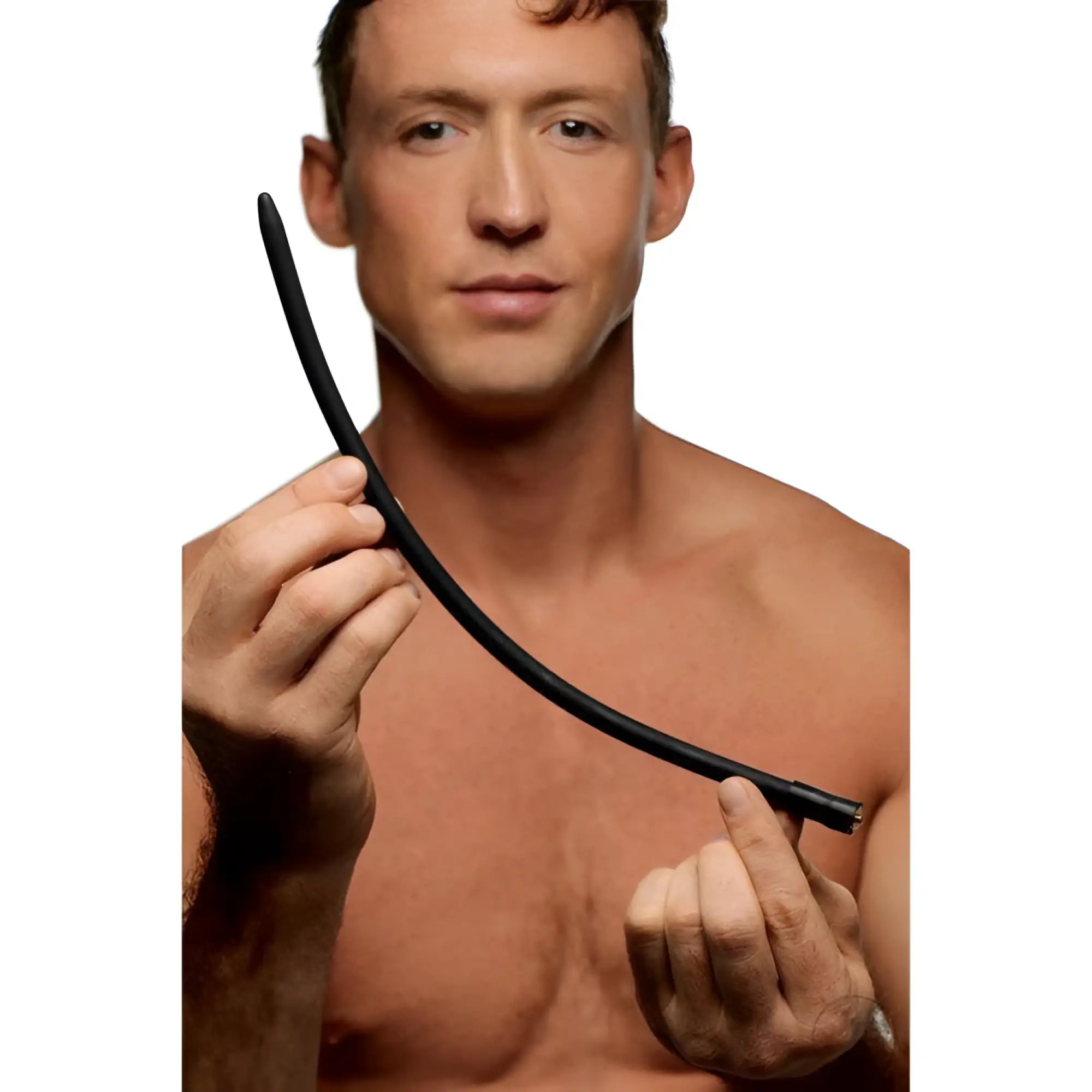 A man holding a long, thin, flexible black Zeus Electrosex eStim electrode wand against a white background.