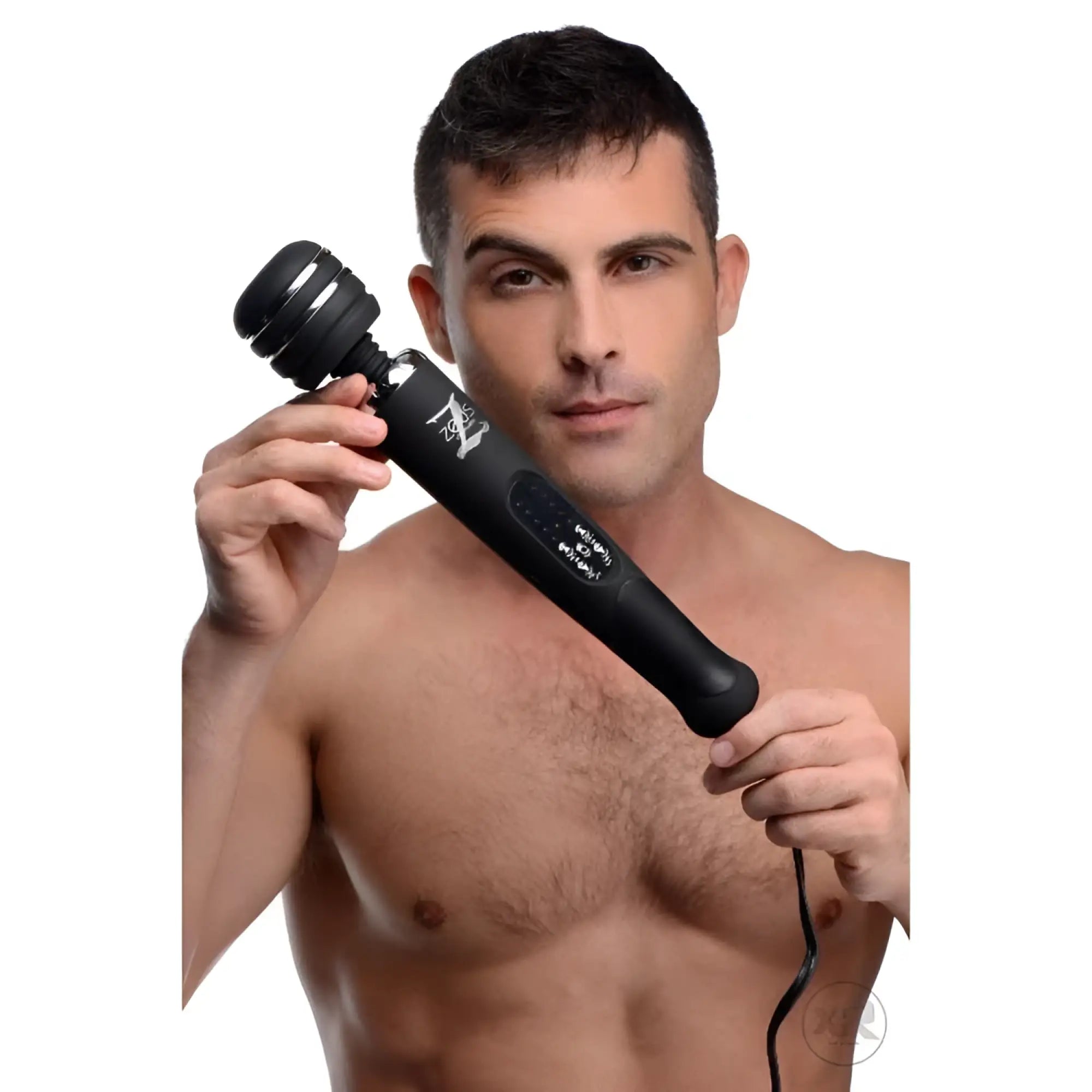 A shirtless man holding the black, corded Zeus Electrosex Arcana wand massager with silver accents.