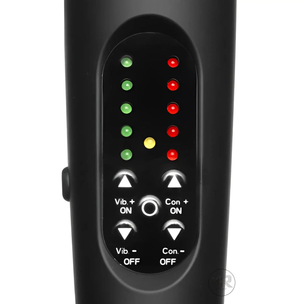 Zeus Arcana Electrosex Wand control panel with black casing, glowing LED indicators, and tactile adjustment buttons.