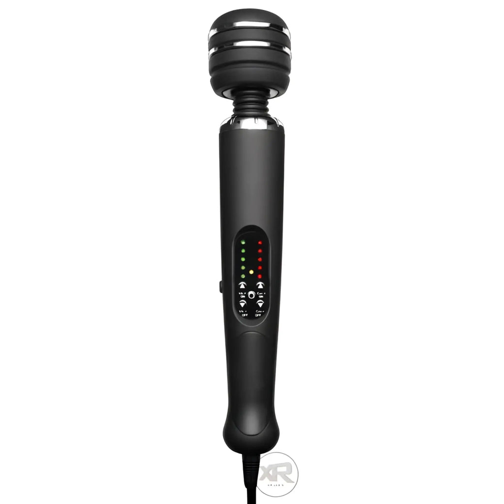 Zeus Arcana electrosex wand, a sleek black handheld device with an LED control panel and silver accents, white background.