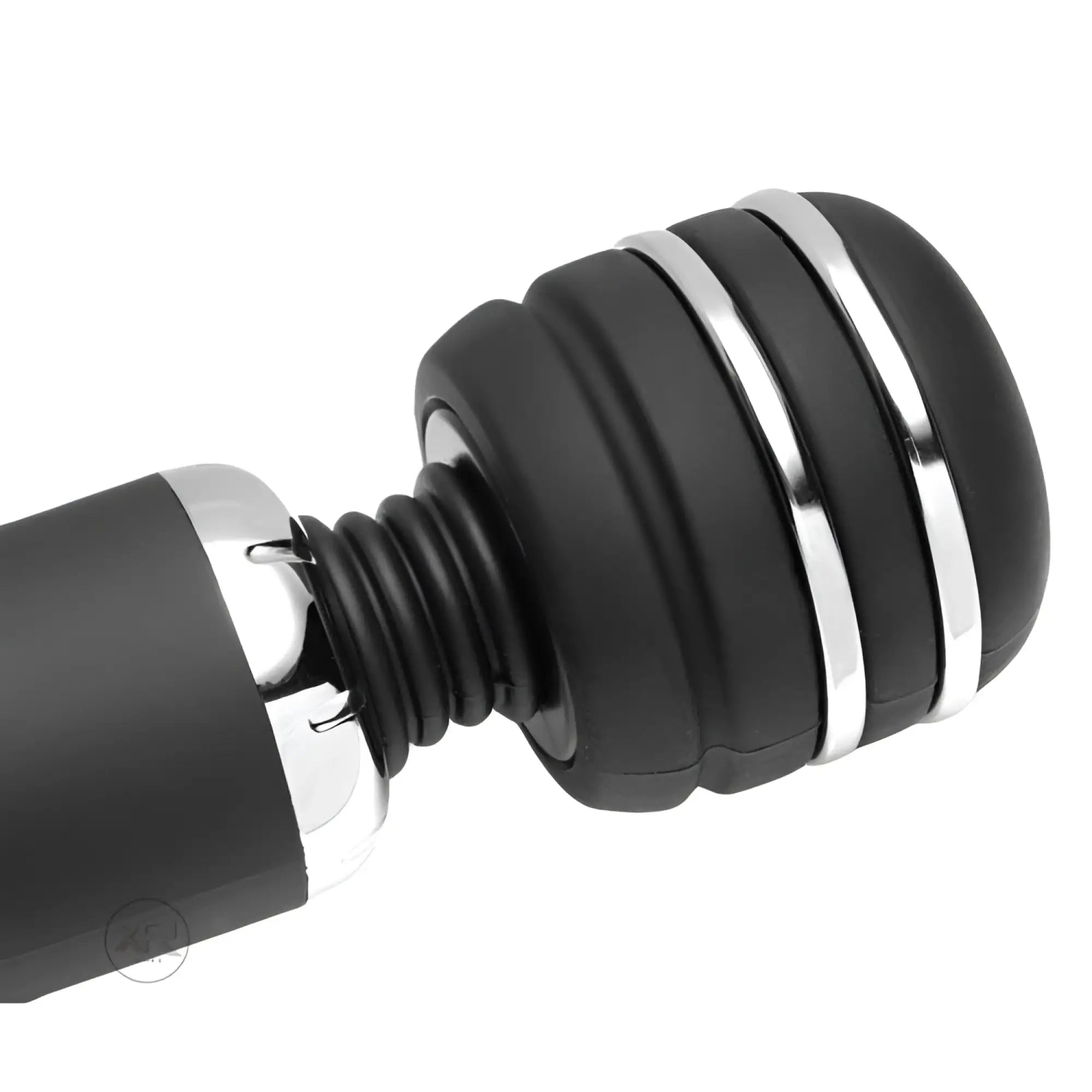 Zeus Electrosex Arcana wand featuring a matte black, ribbed head with silver accents on a flexible, black handle.