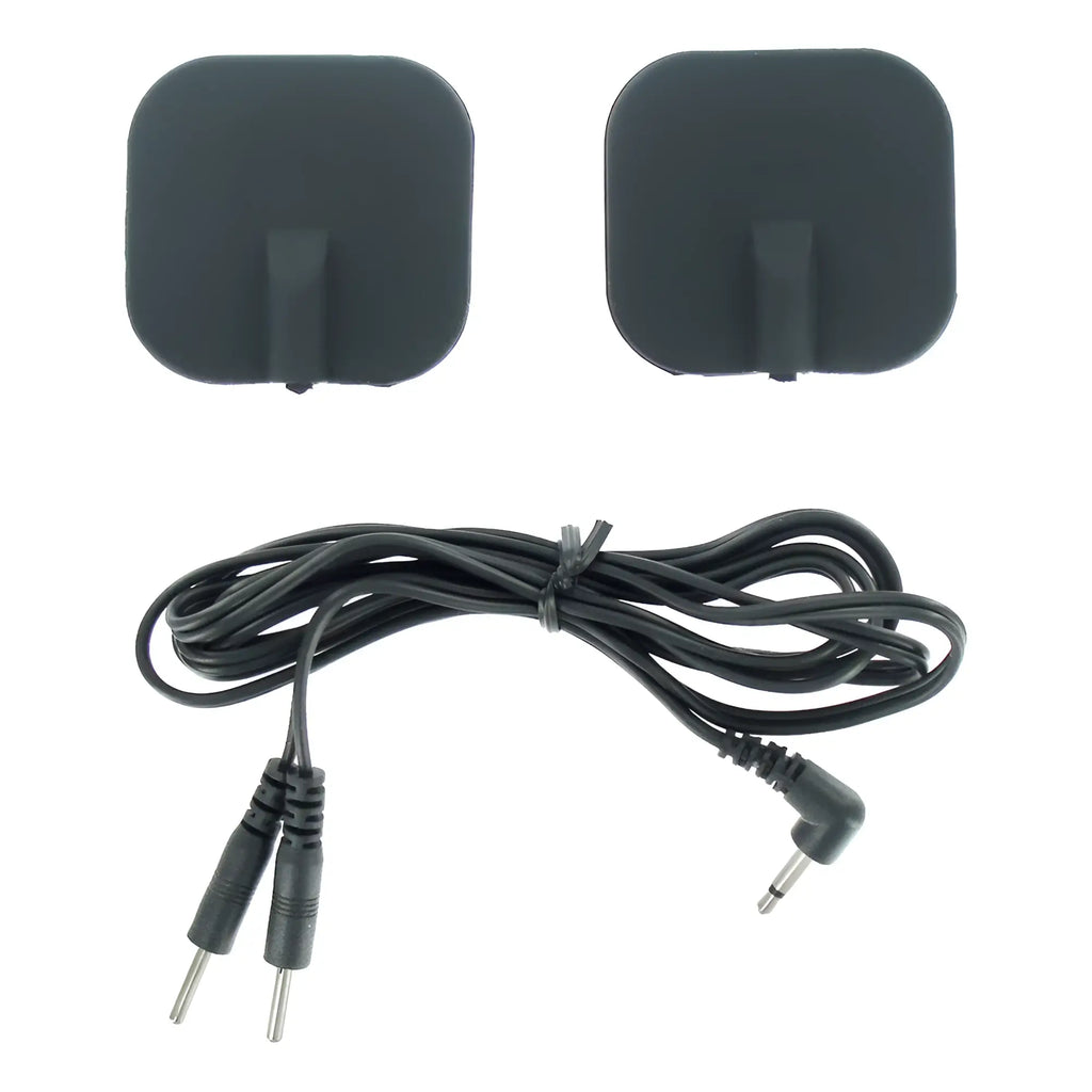 Zeus Electrosex black square silicone adhesive pads and a connecting cable with dual pin and jack plugs.