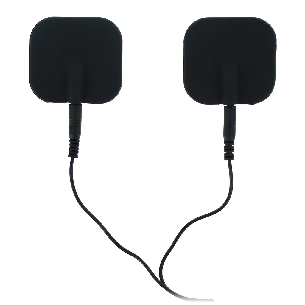 Zeus Electrosex black square silicone adhesive pads with attached connecting wires against a white background.