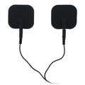 Zeus Electrosex black square silicone adhesive pads with attached connecting wires against a white background.