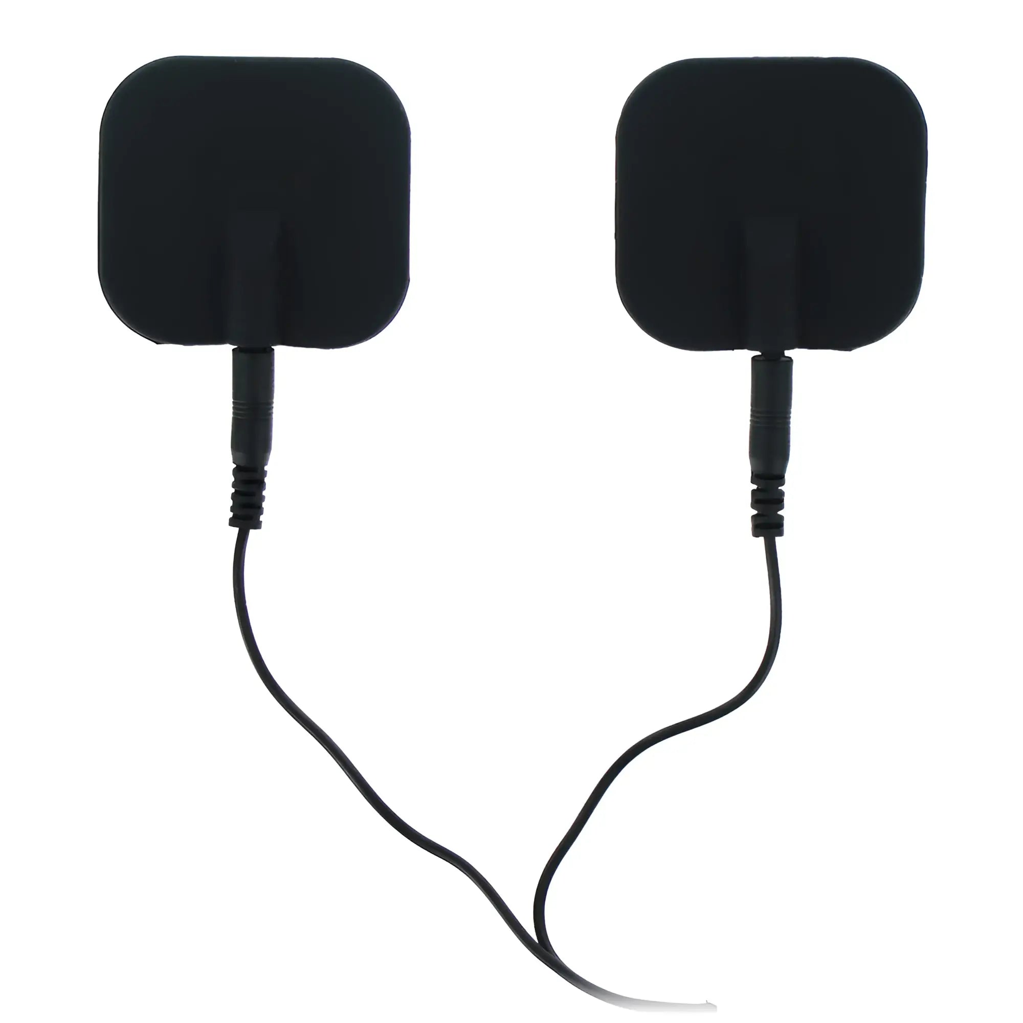 Zeus Electrosex black square silicone adhesive pads with attached connecting wires against a white background.