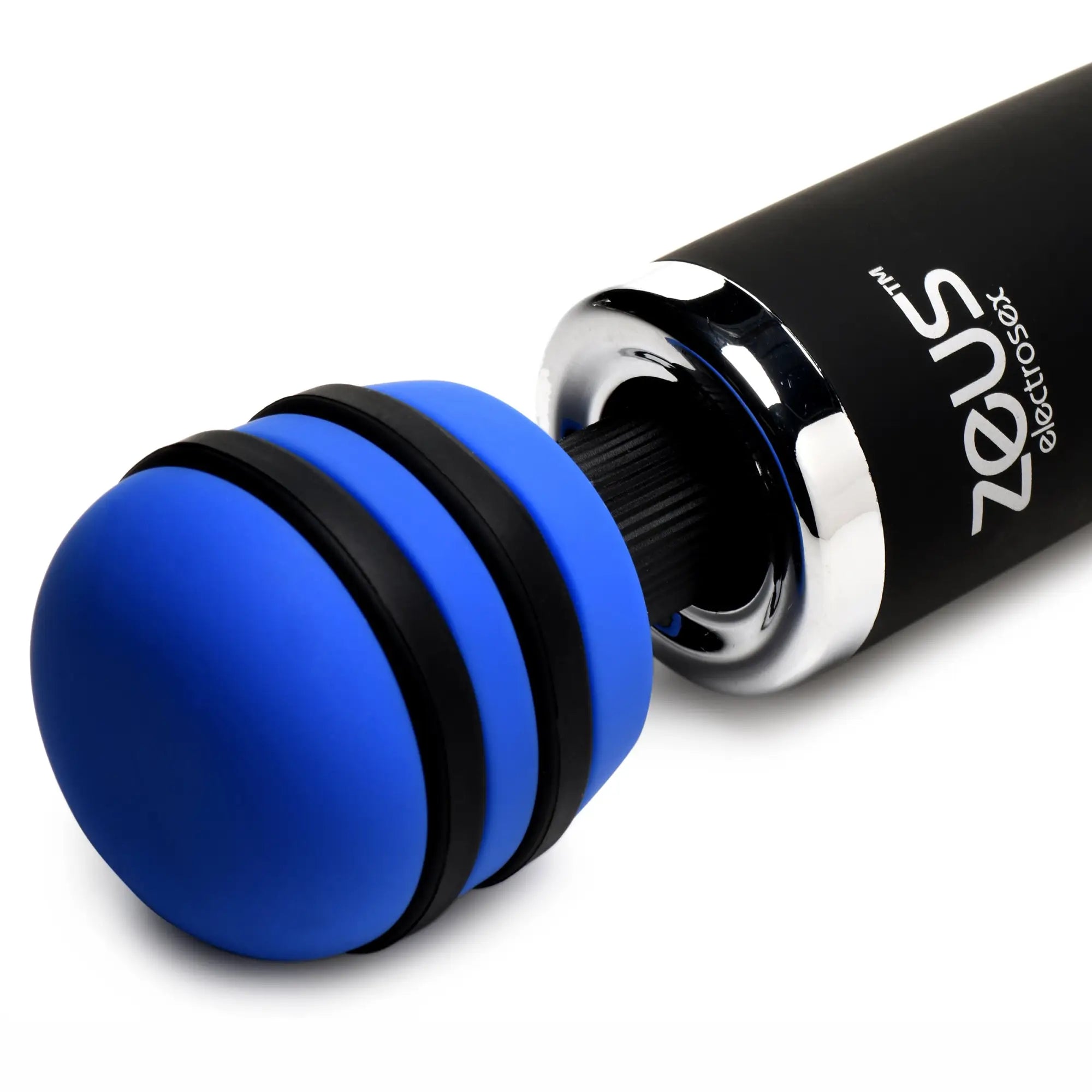 Zeus Electrosex Blue-Arc e-stim wand, featuring a black handle with logo and a bright blue, ribbed silicone head.