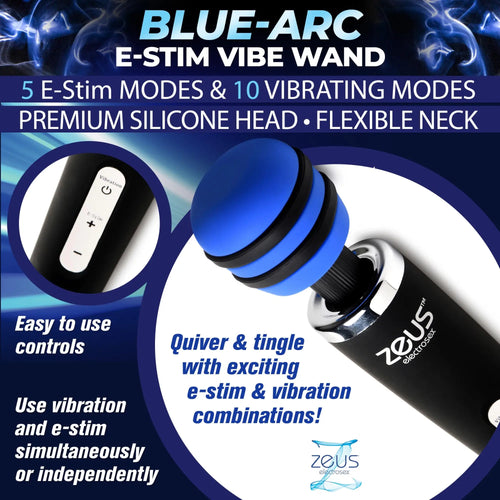 Zeus Blue-Arc e-stim vibrating wand in black and blue, featuring a silicone head, flexible neck, and button controls.