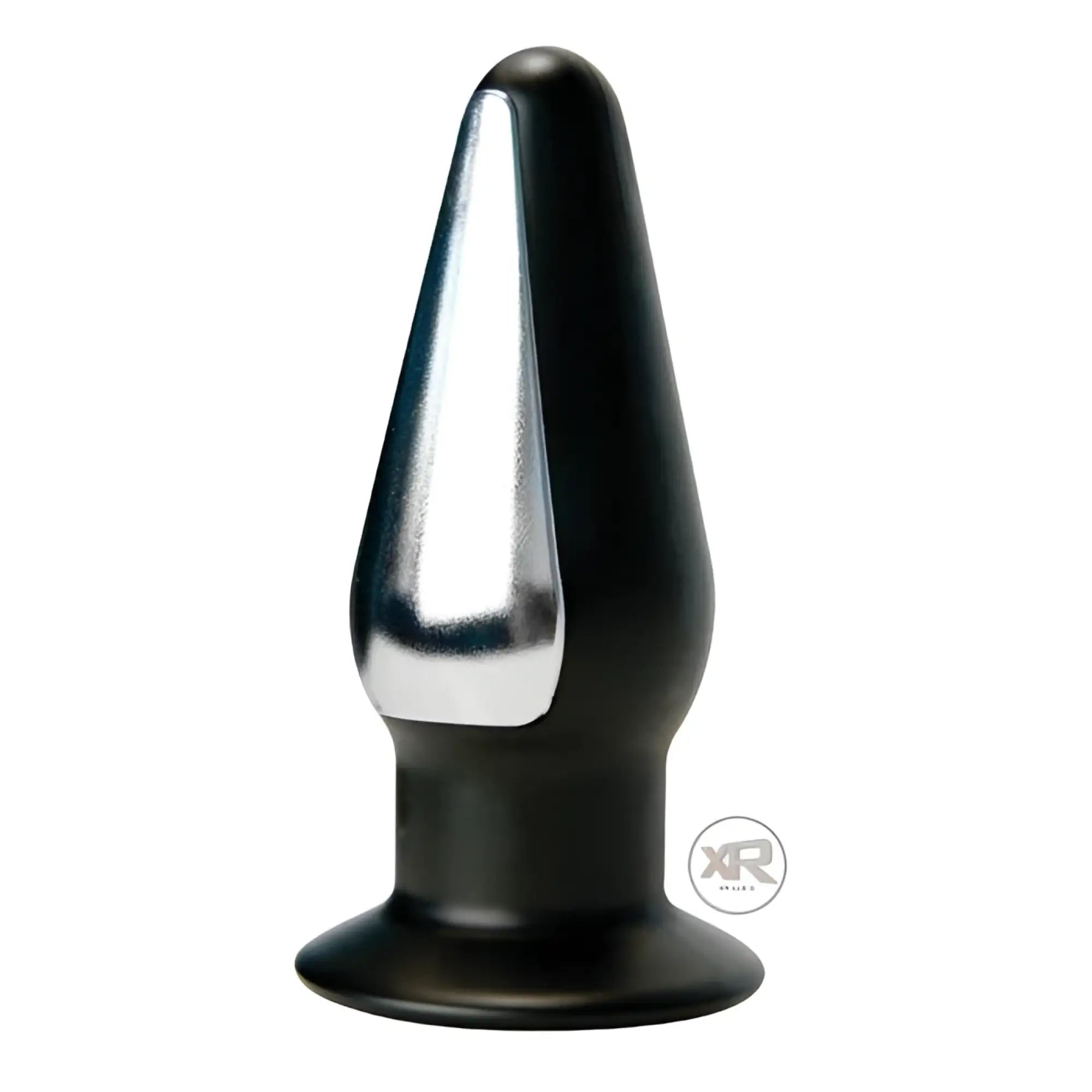 Zeus Electrosex butt plug in matte black with a vertical silver conductive metal plate on a white background.