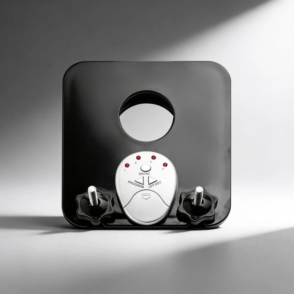Zeus Electrosex Crush Electro Ball Press CBT board in black with a silver control panel, LEDs, and adjustable screws.