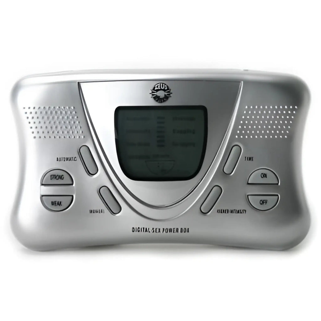 Silver Zeus Deluxe Digital Power Box featuring an LCD screen, control buttons, and manual intensity settings.