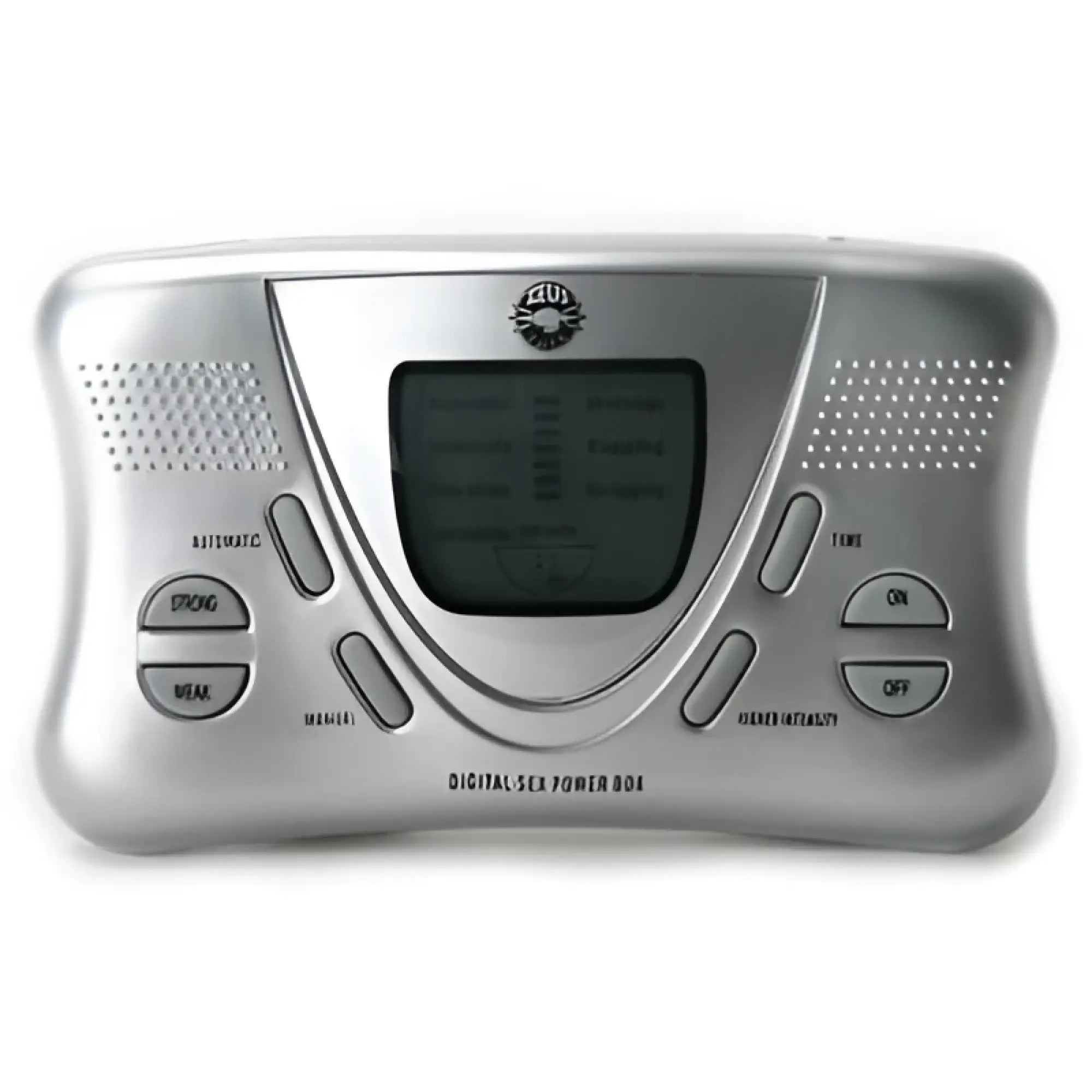 Silver Zeus Deluxe Digital Power Box featuring an LCD screen, control buttons, and manual intensity settings.