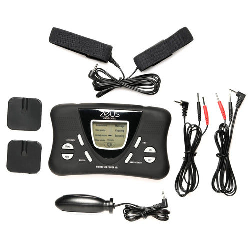 Zeus Deluxe E-Stim Kit: Black digital controller, two electrode pads, two wrist straps, cables, and a probe attachment.