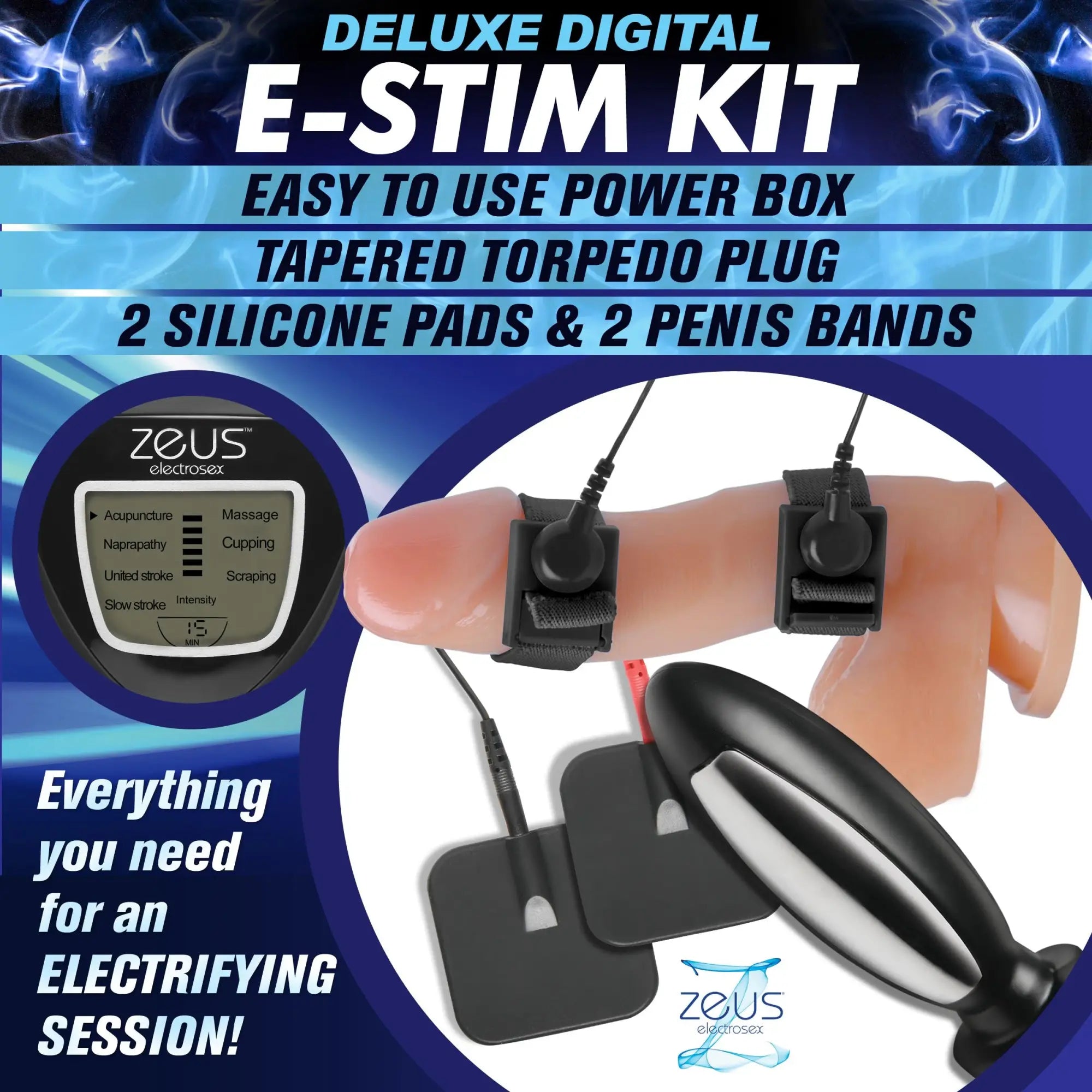 Zeus Deluxe E-Stim Kit including a digital power box, black electrodes, silicone pads, and a sleek black torpedo plug.