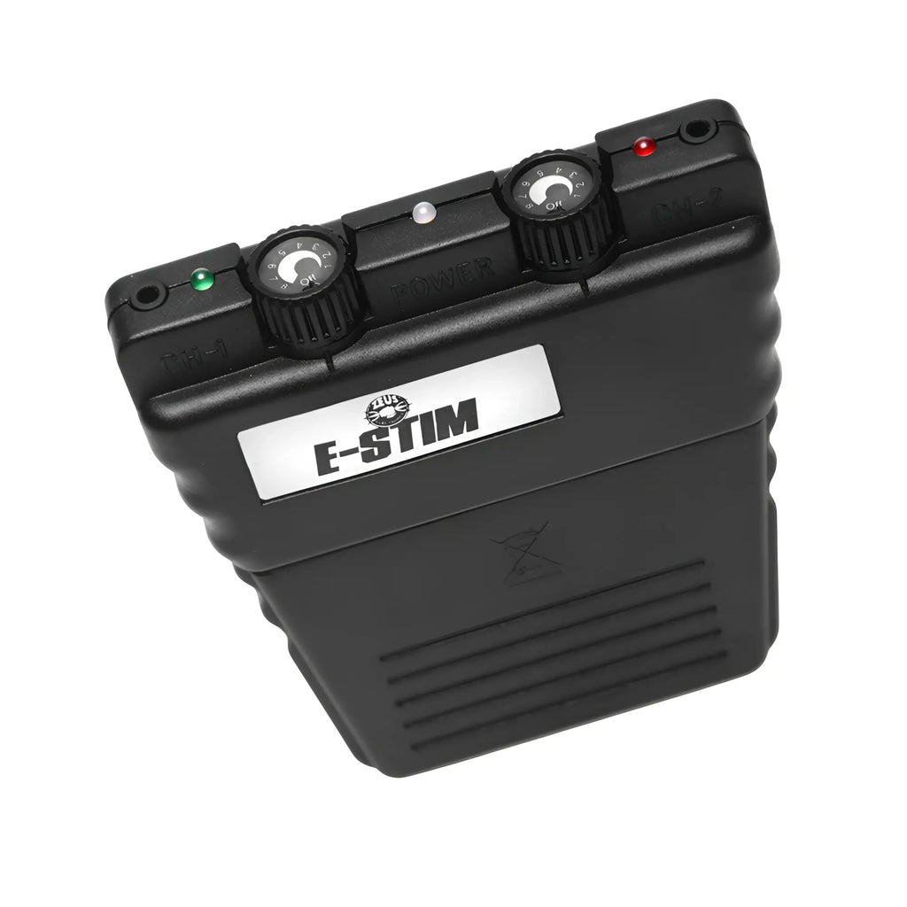 Zeus Deluxe Electrical Kit: A black, handheld E-stim device with two intensity control dials and LED indicator lights.