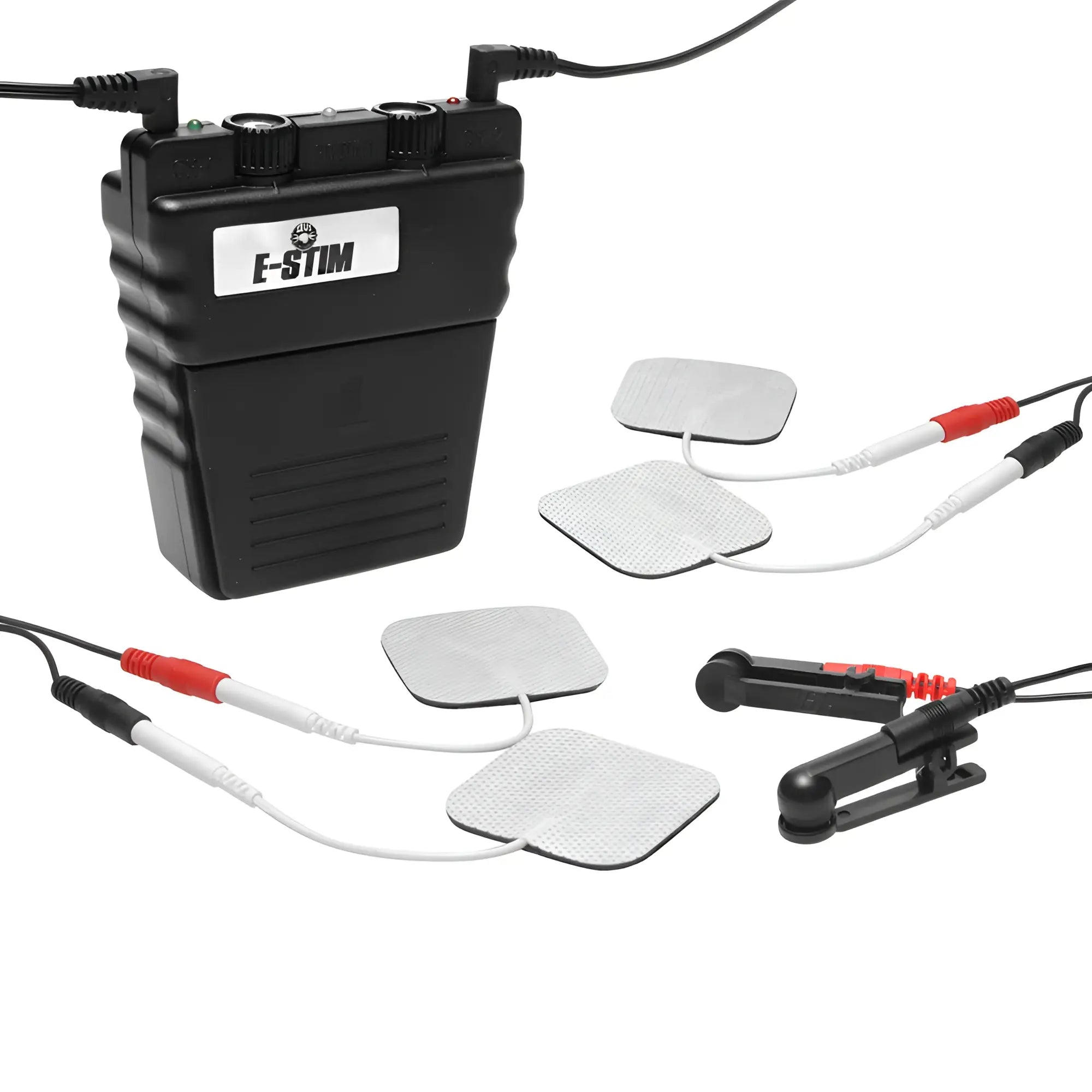 Zeus Deluxe Electrical Kit with a black control unit, four adhesive electrode pads, and two black alligator clips.