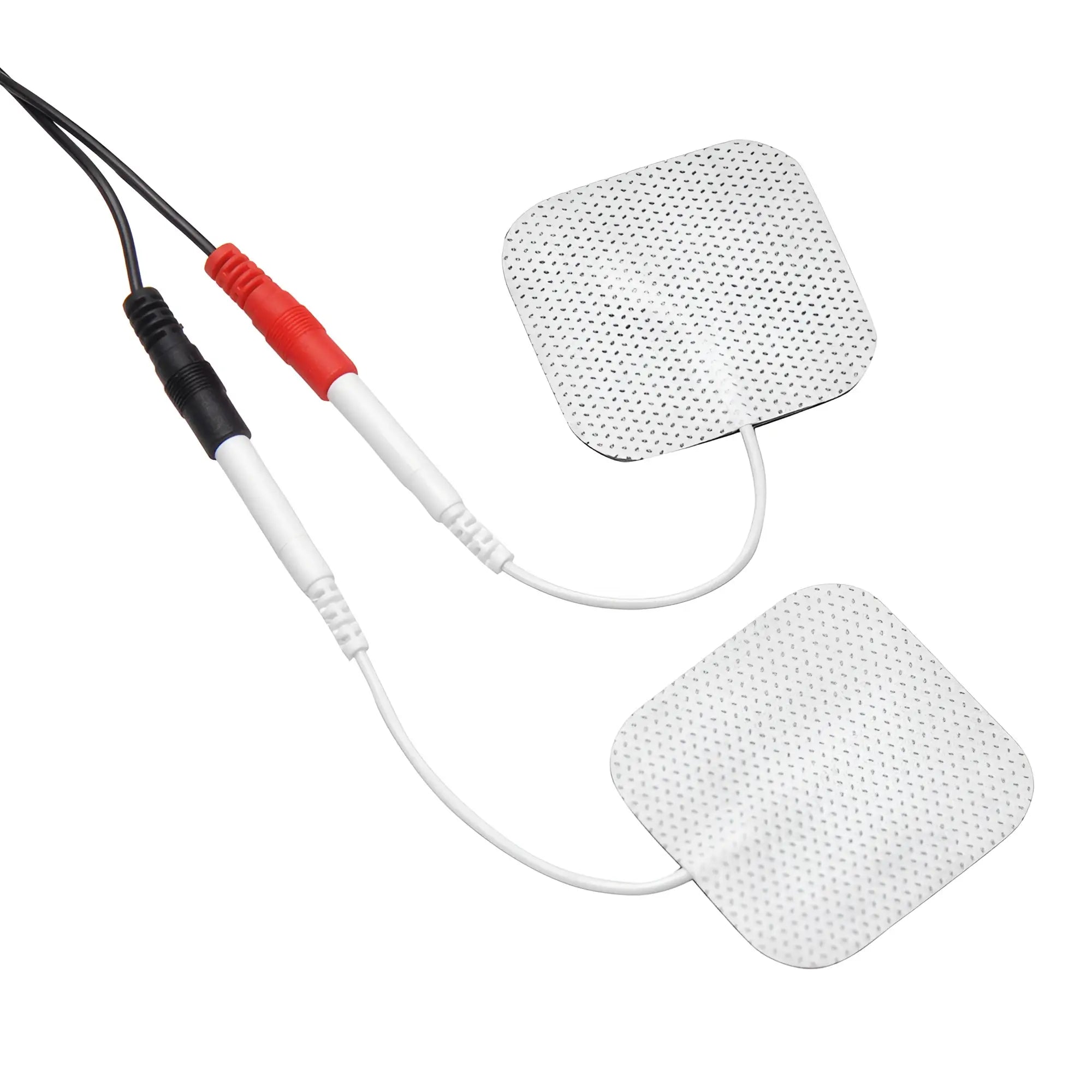 Zeus Deluxe Electrical Kit: Two square white adhesive electrode pads with red and black connector cables.