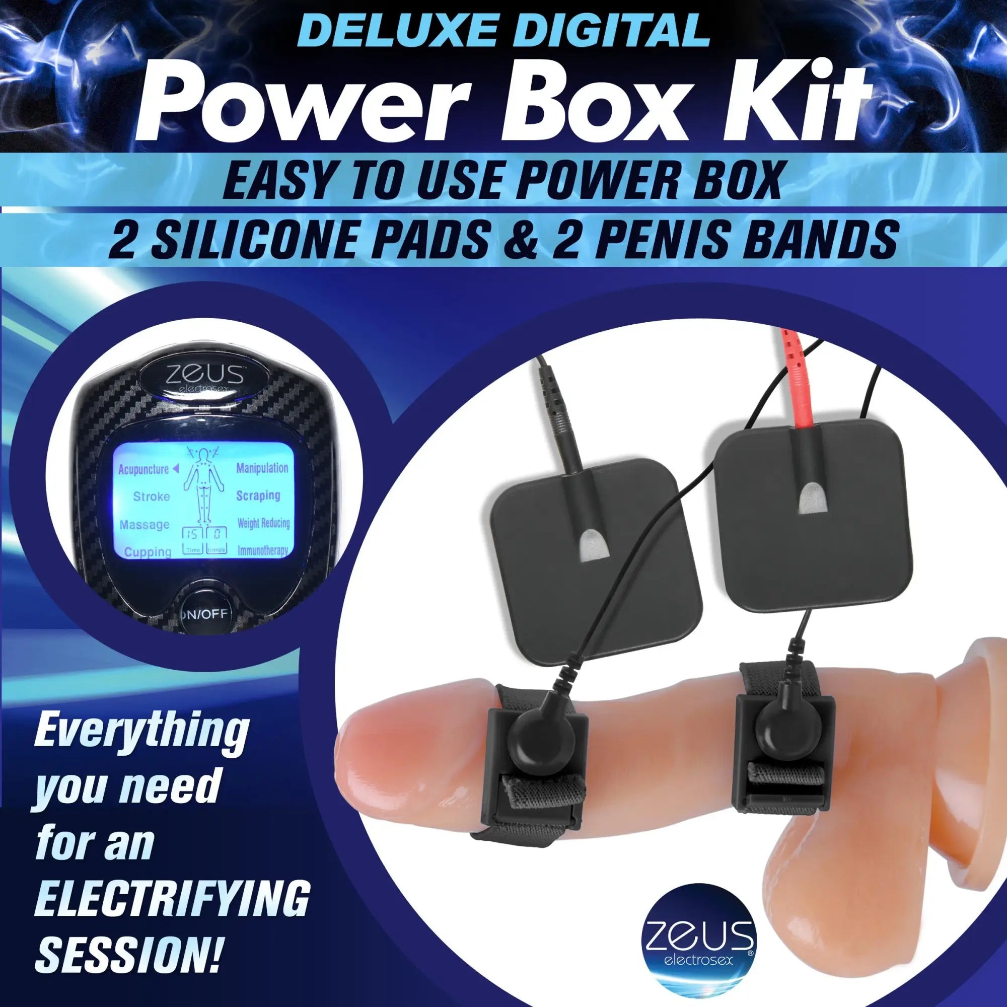 Zeus Electrosex Deluxe Power E-Stim Box Kit featuring a digital power unit, silicone pads, and black penis bands.