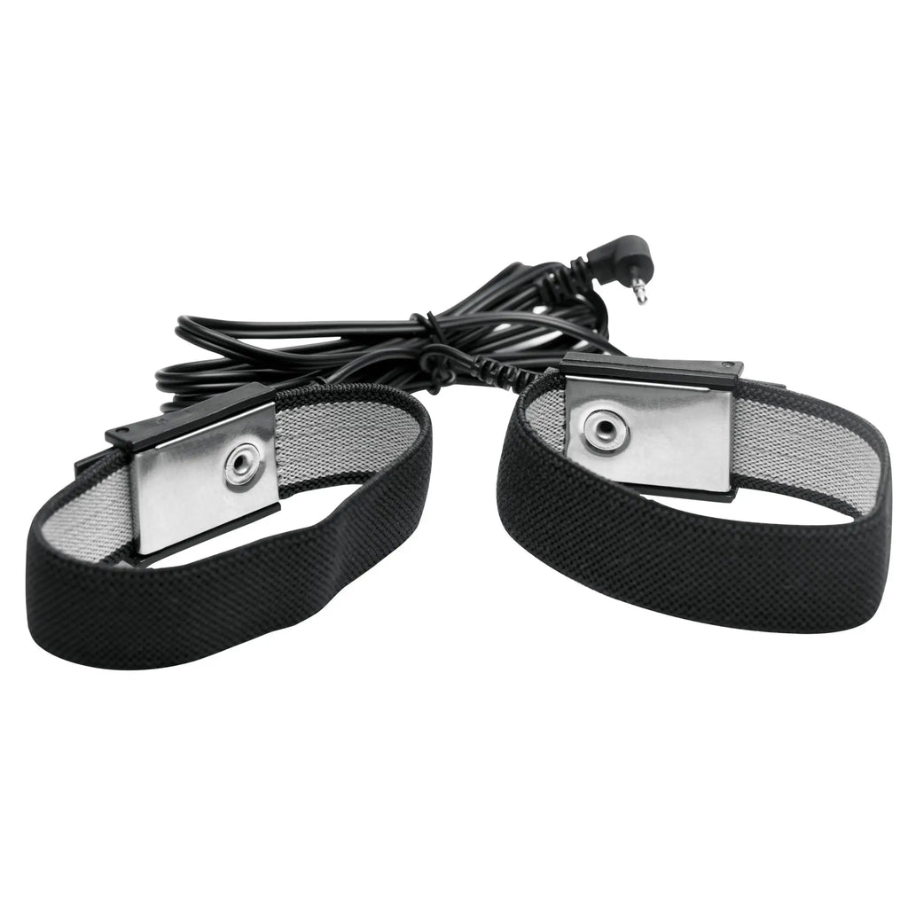 Zeus Electrosex Deluxe Power E-Stim black conductive wrist straps with silver snap connectors and connecting cables.