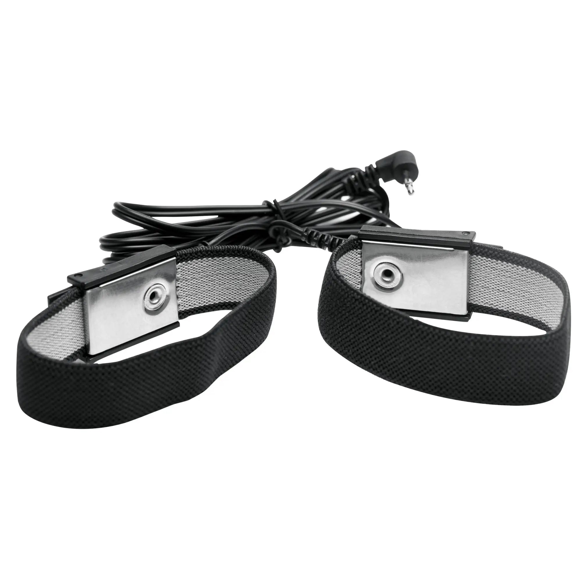 Zeus Electrosex Deluxe Power E-Stim black conductive wrist straps with silver snap connectors and connecting cables.