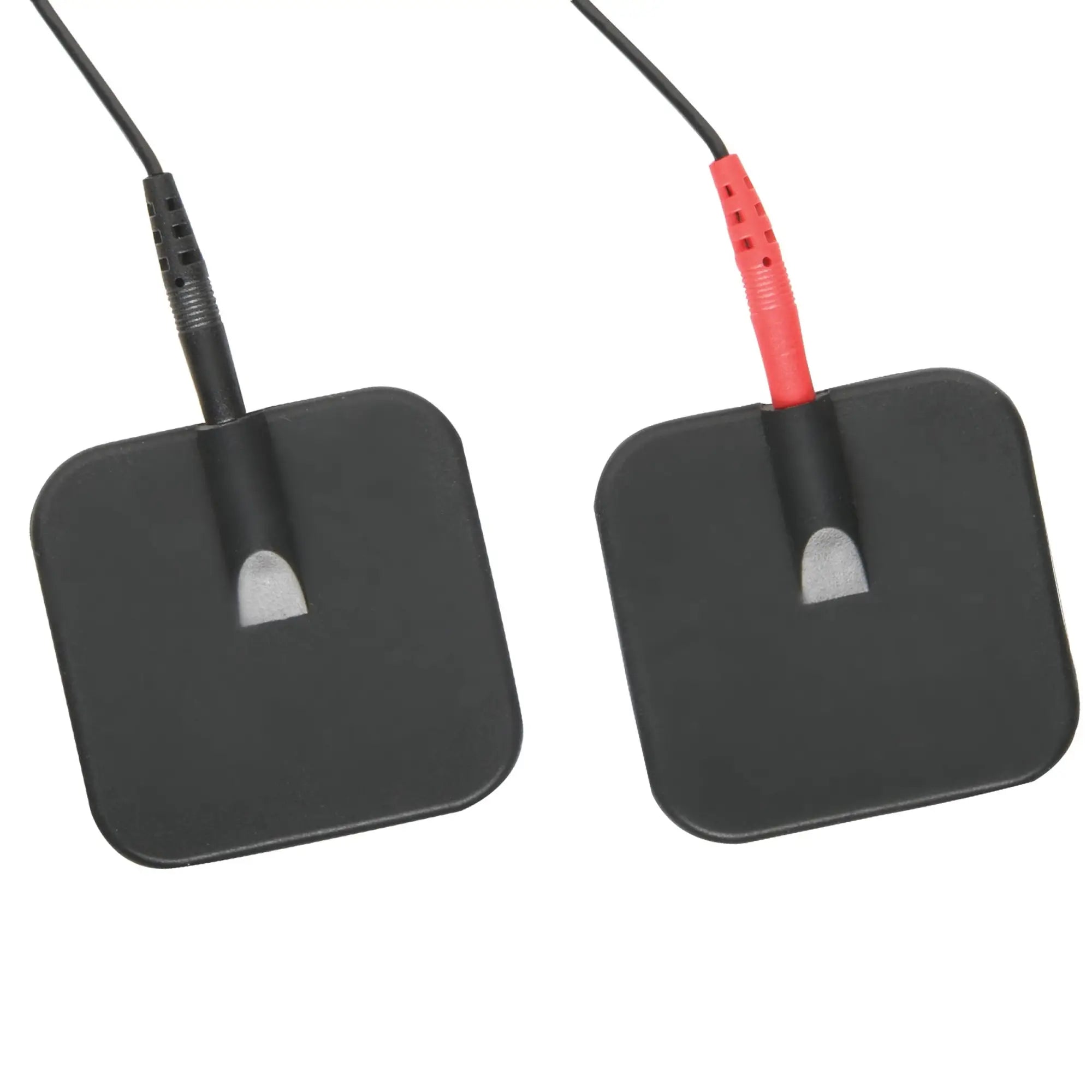 Zeus Electrosex Deluxe kit: two square, black adhesive e-stim electrodes with black and red connector cables.