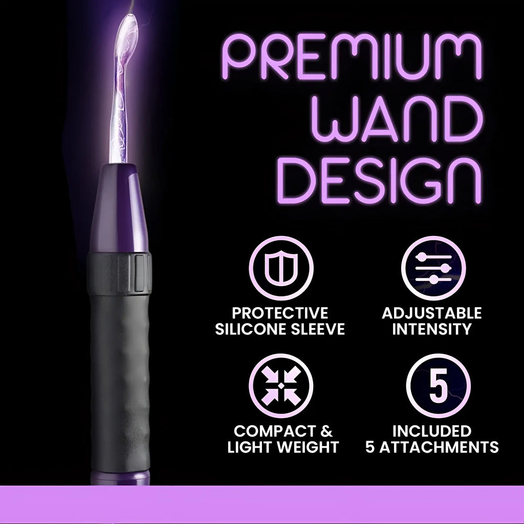 Zeus Electrosex Deluxe Twilight Violet Wand with glowing glass attachment and features listed on a black background.