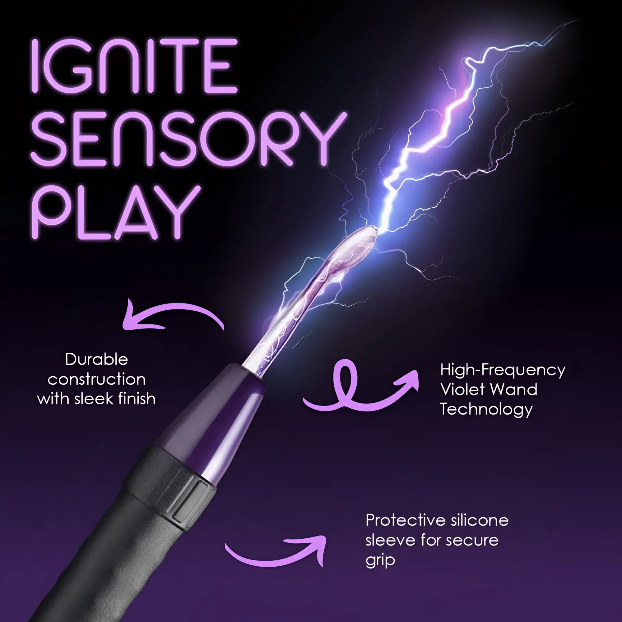 Zeus Electrosex Deluxe Violet Wand with sleek purple handle, silicone grip, and purple electrical discharge effect.