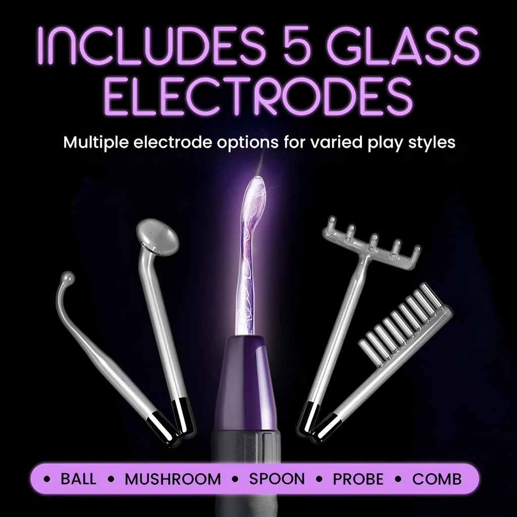 Zeus Electrosex Deluxe Twilight Violet Wand Kit with 5 glass electrodes, featuring purple electricity and black base.