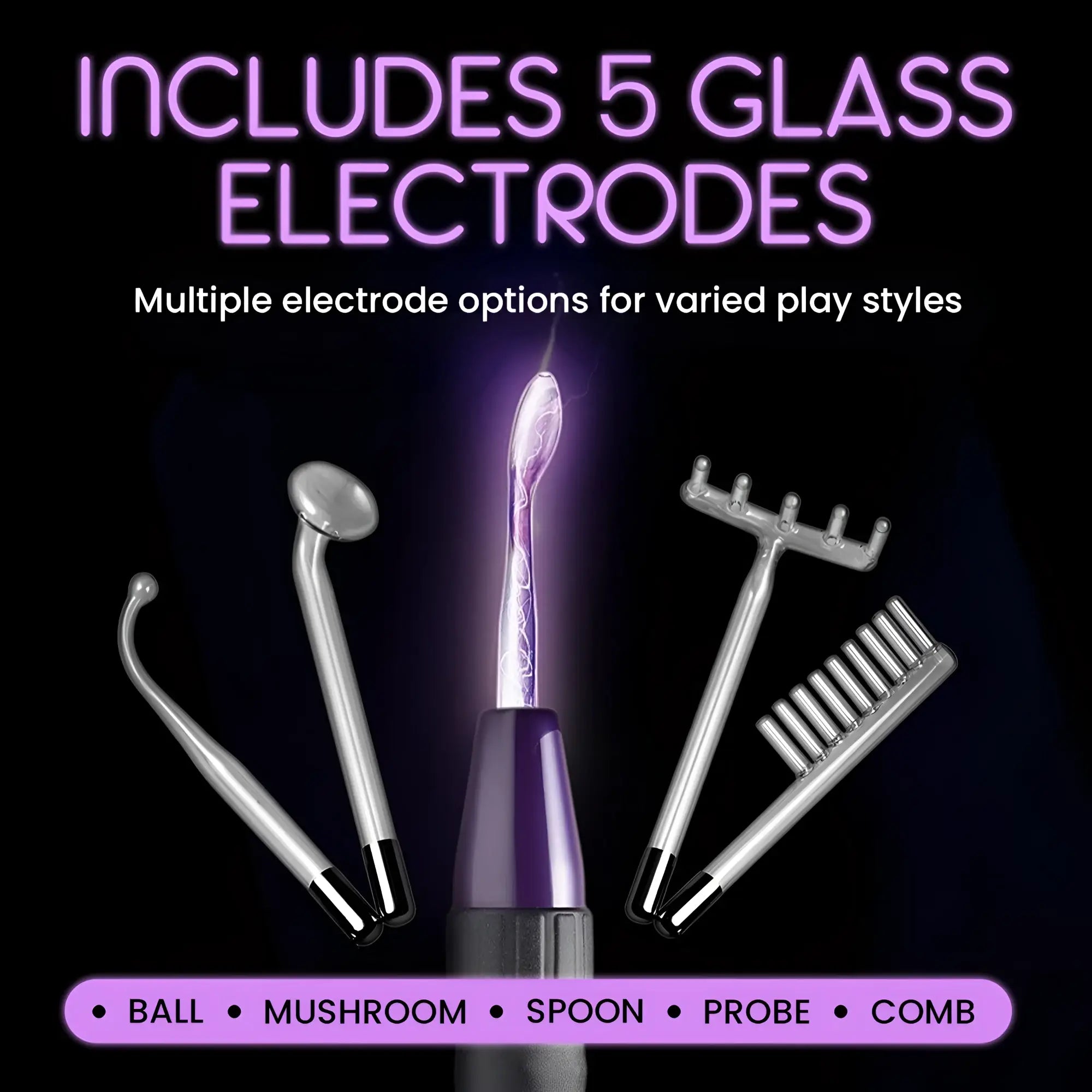 Zeus Electrosex Deluxe Twilight Violet Wand Kit with 5 glass electrodes, featuring purple electricity and black base.