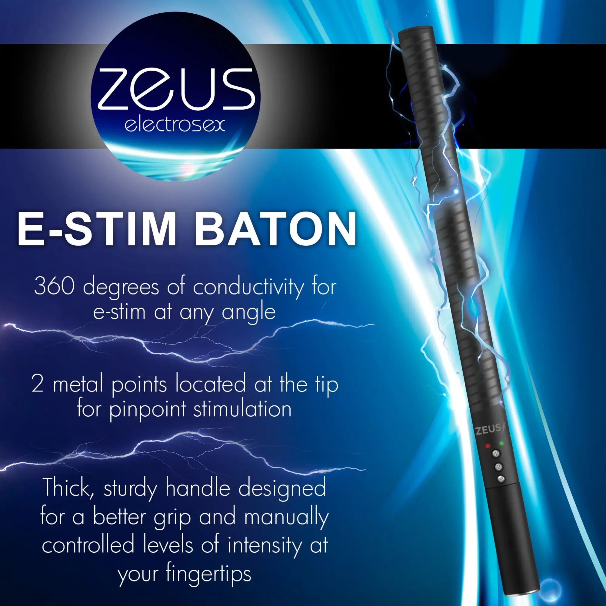 Zeus Electrosex E-stim Baton: A black, ridged wand with control buttons, shown against a blue background with lightning.