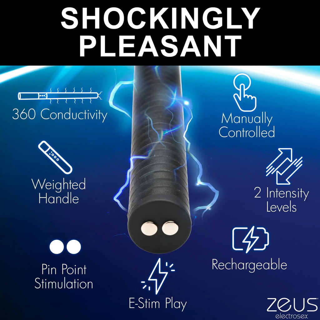 Zeus Electrosex E-stim Baton: A black, ridged wand with two metal electrodes, set against a blue, electric-themed background.