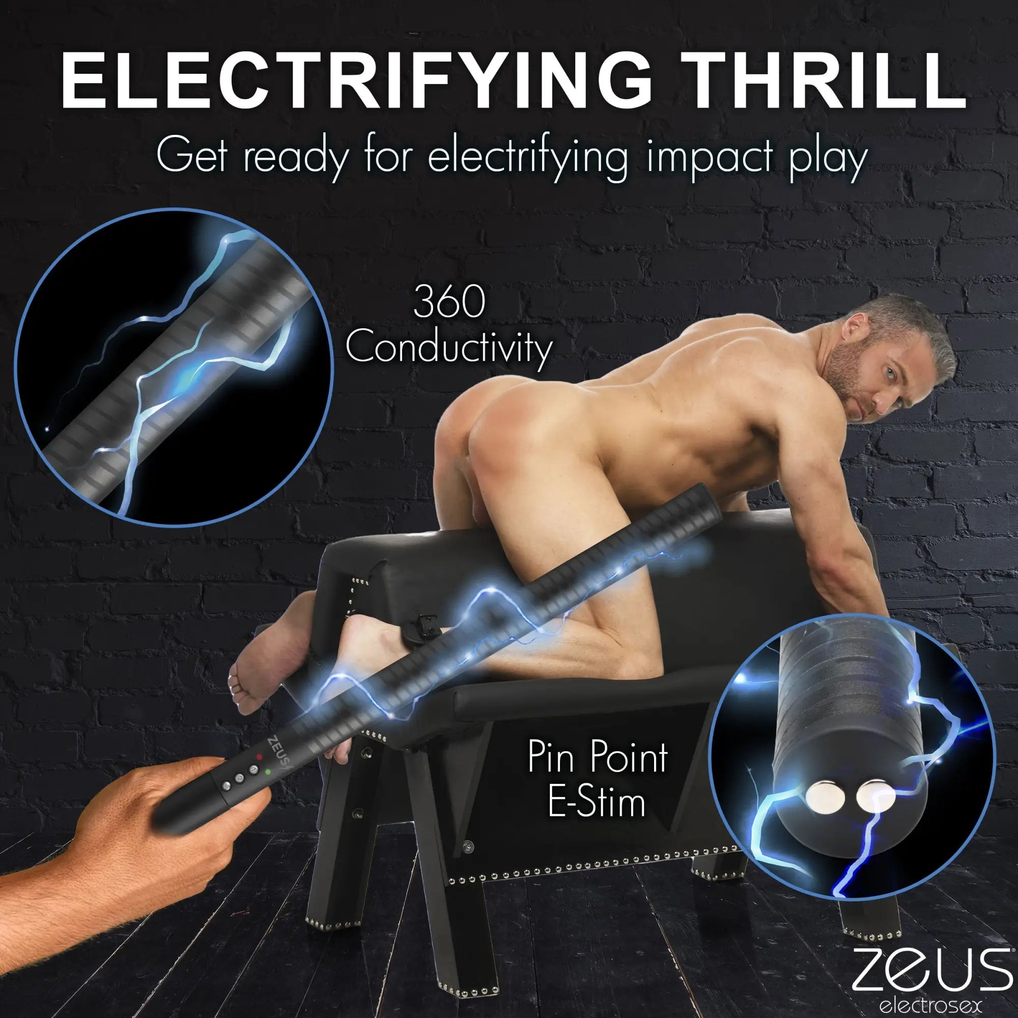 Zeus Electrosex E-stim Baton: A black, cylindrical device featuring electrical discharge effects and contact points.