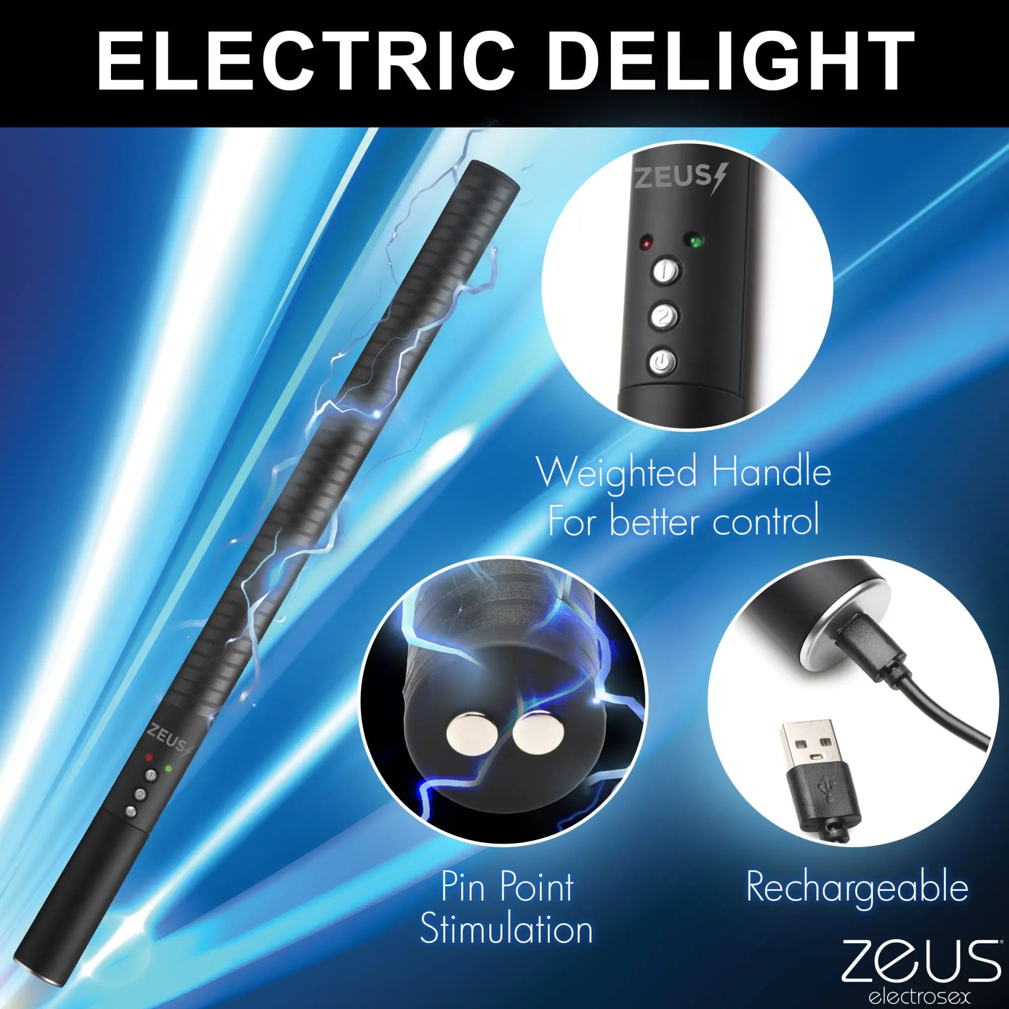 Zeus Electrosex E-stim Baton: A black, rechargeable, slim wand with pinpoint stimulation, control buttons, and LED lights.