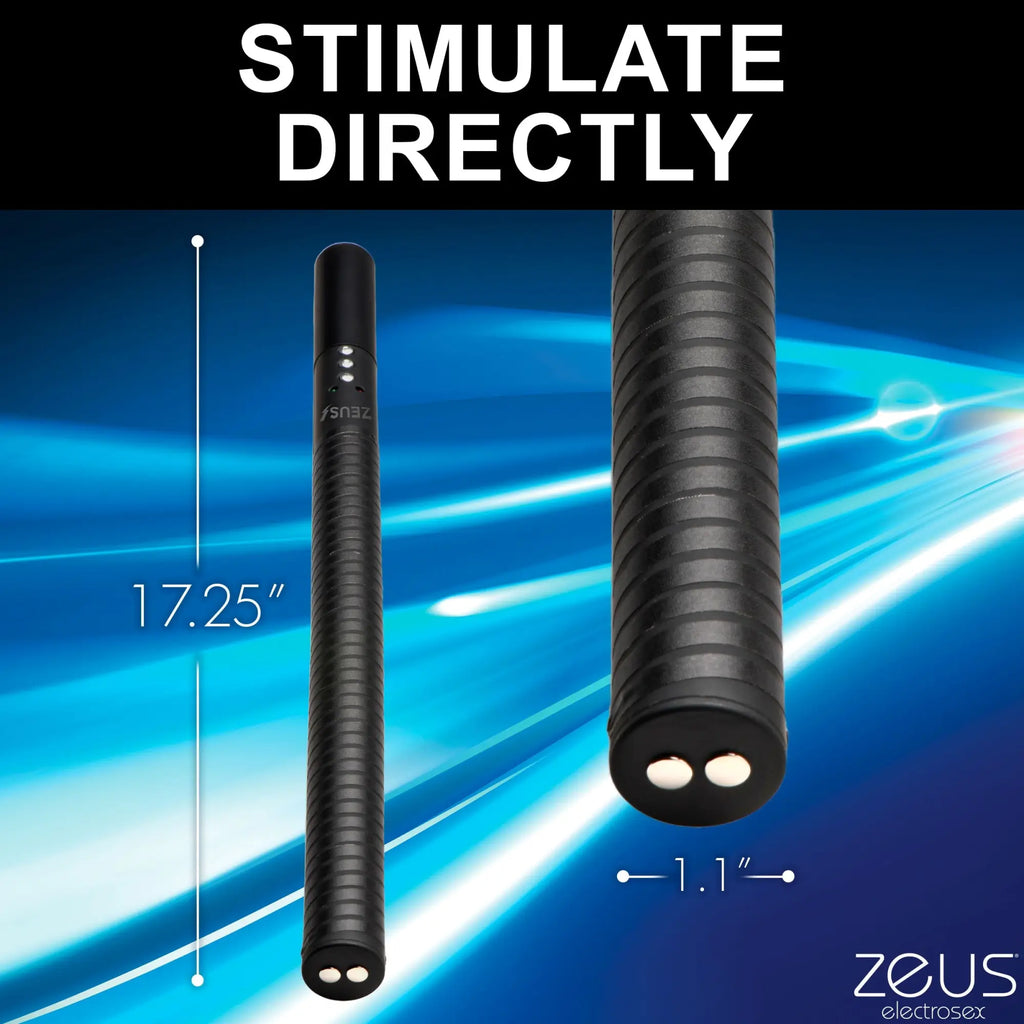 Zeus Electrosex E-stim Baton: A black, 17.25-inch long, ribbed cylindrical stimulator with two contact points.
