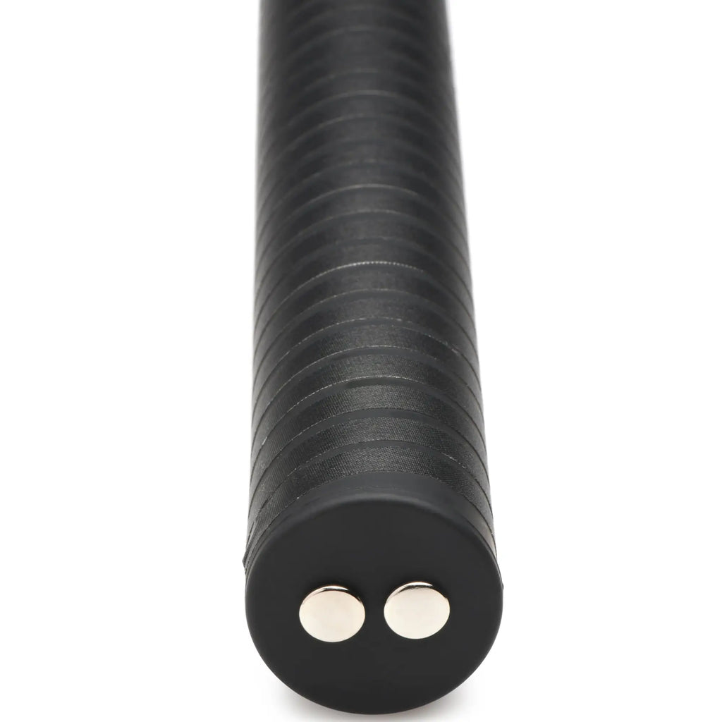 Zeus Electrosex E-stim Baton featuring a ribbed black cylindrical handle and two metallic contact points at the base.