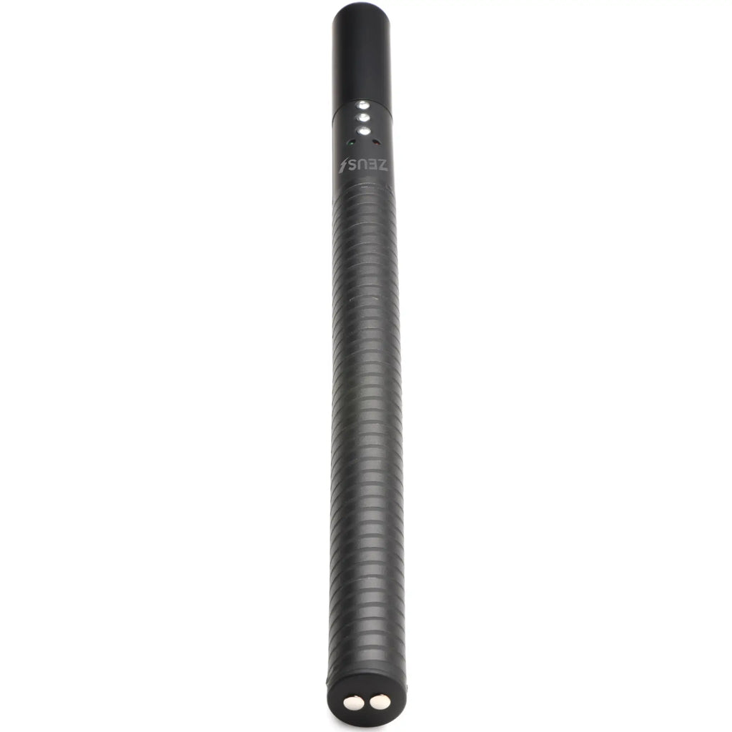 Zeus Electrosex E-stim Baton: A black, cylindrical, textured wand with three indicator lights and two metal contacts.