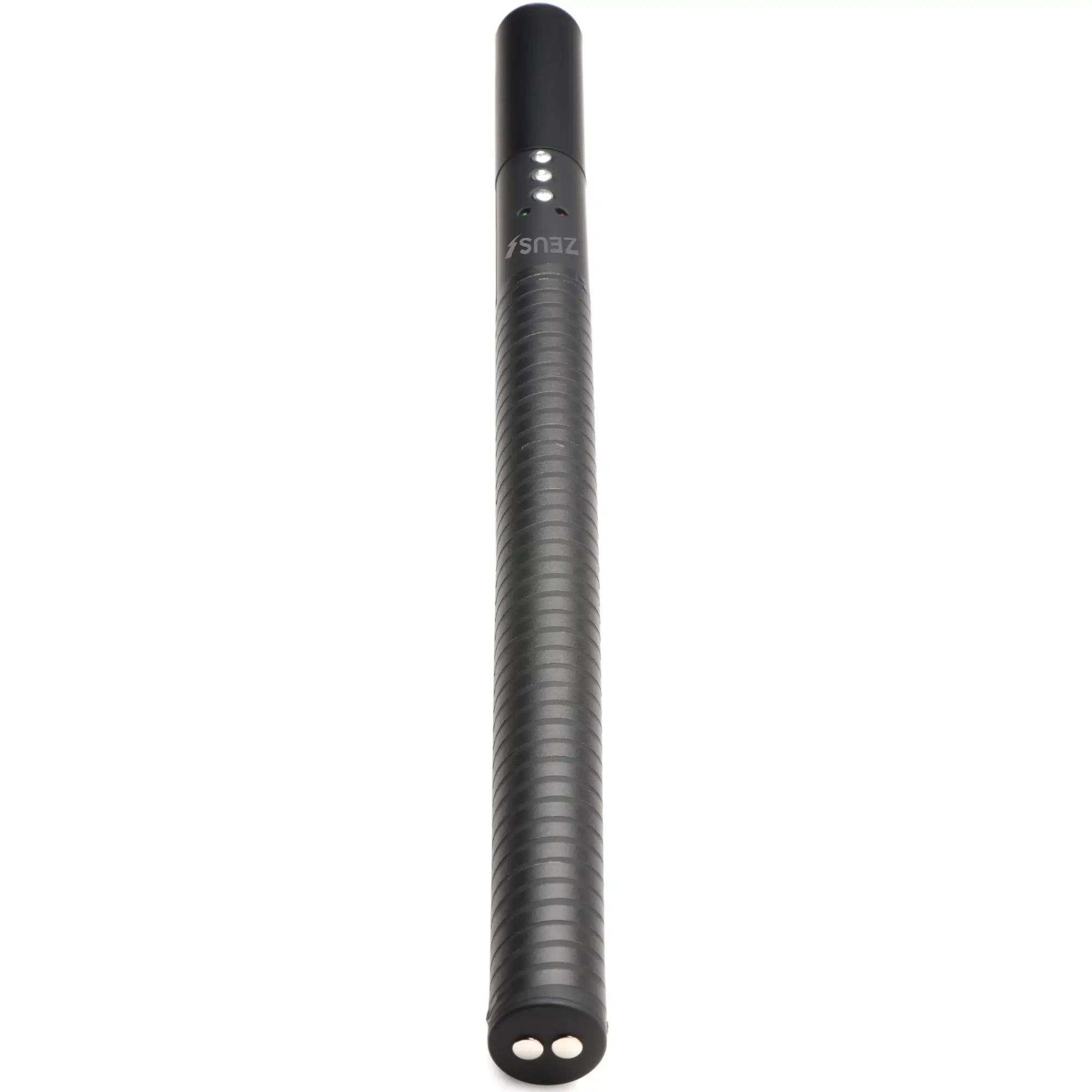 Zeus Electrosex E-stim Baton: A black, cylindrical, textured wand with three indicator lights and two metal contacts.